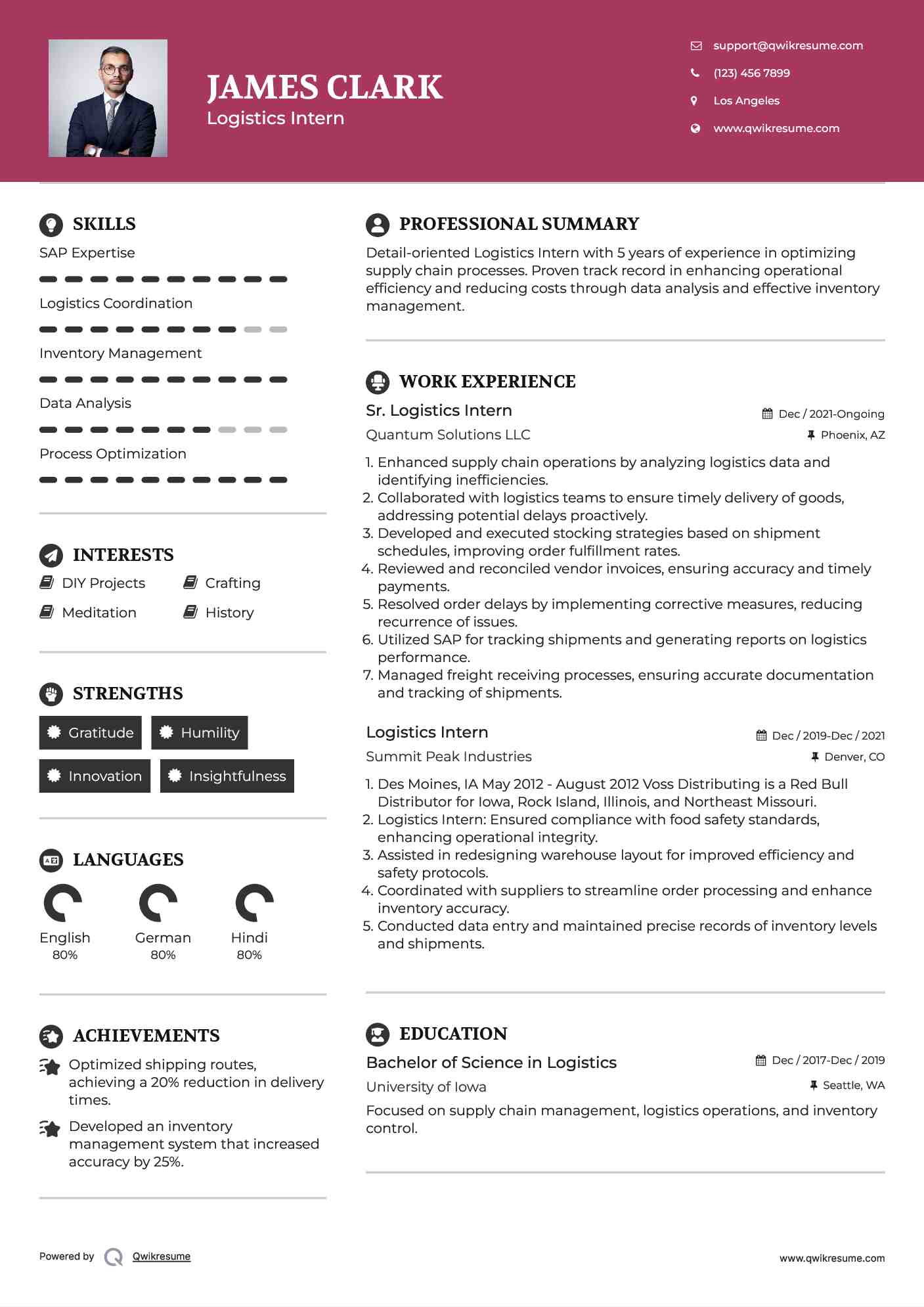 Sr. Logistics Intern Resume Template