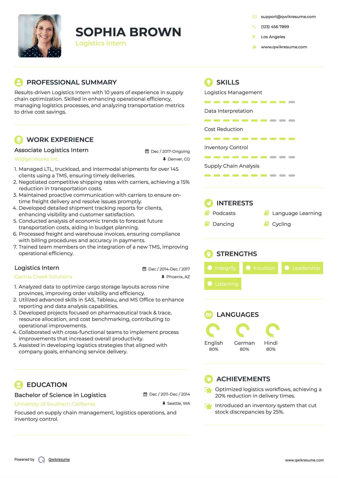 Associate Logistics Intern Resume Format