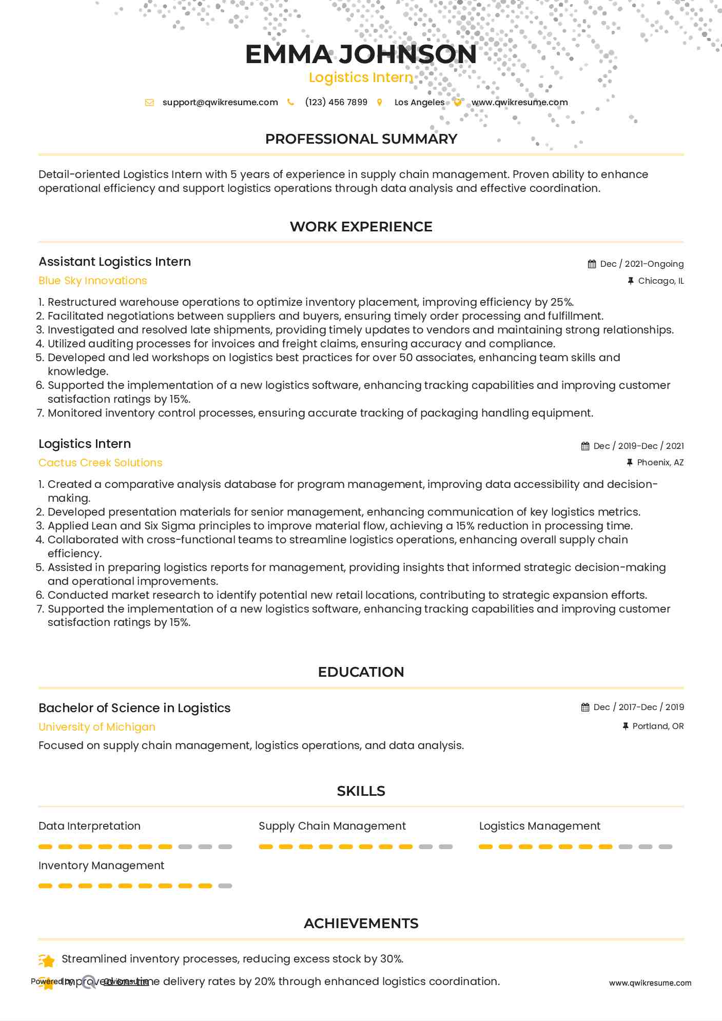 Assistant Logistics Intern Resume Model