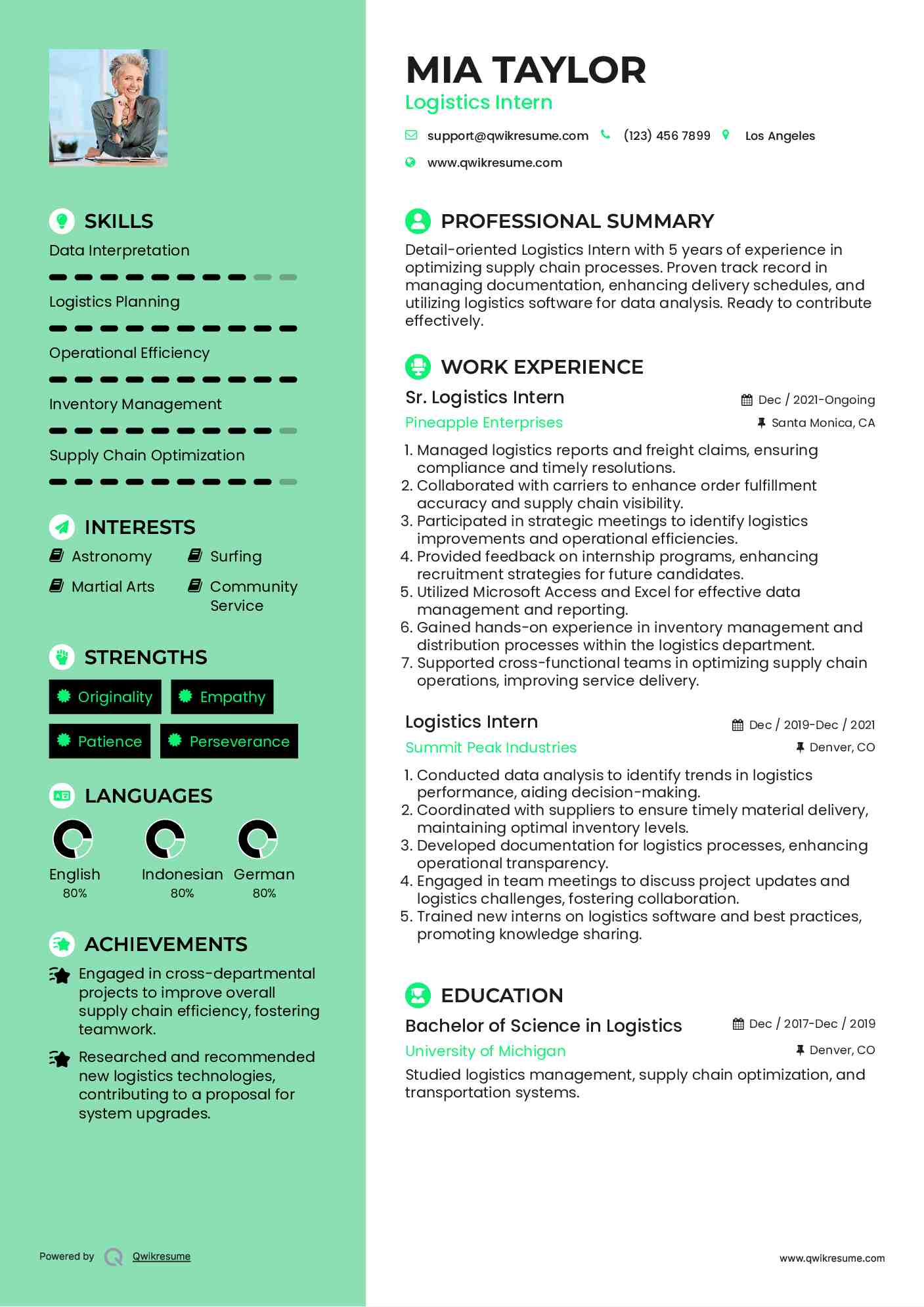 Sr. Logistics Intern Resume Example