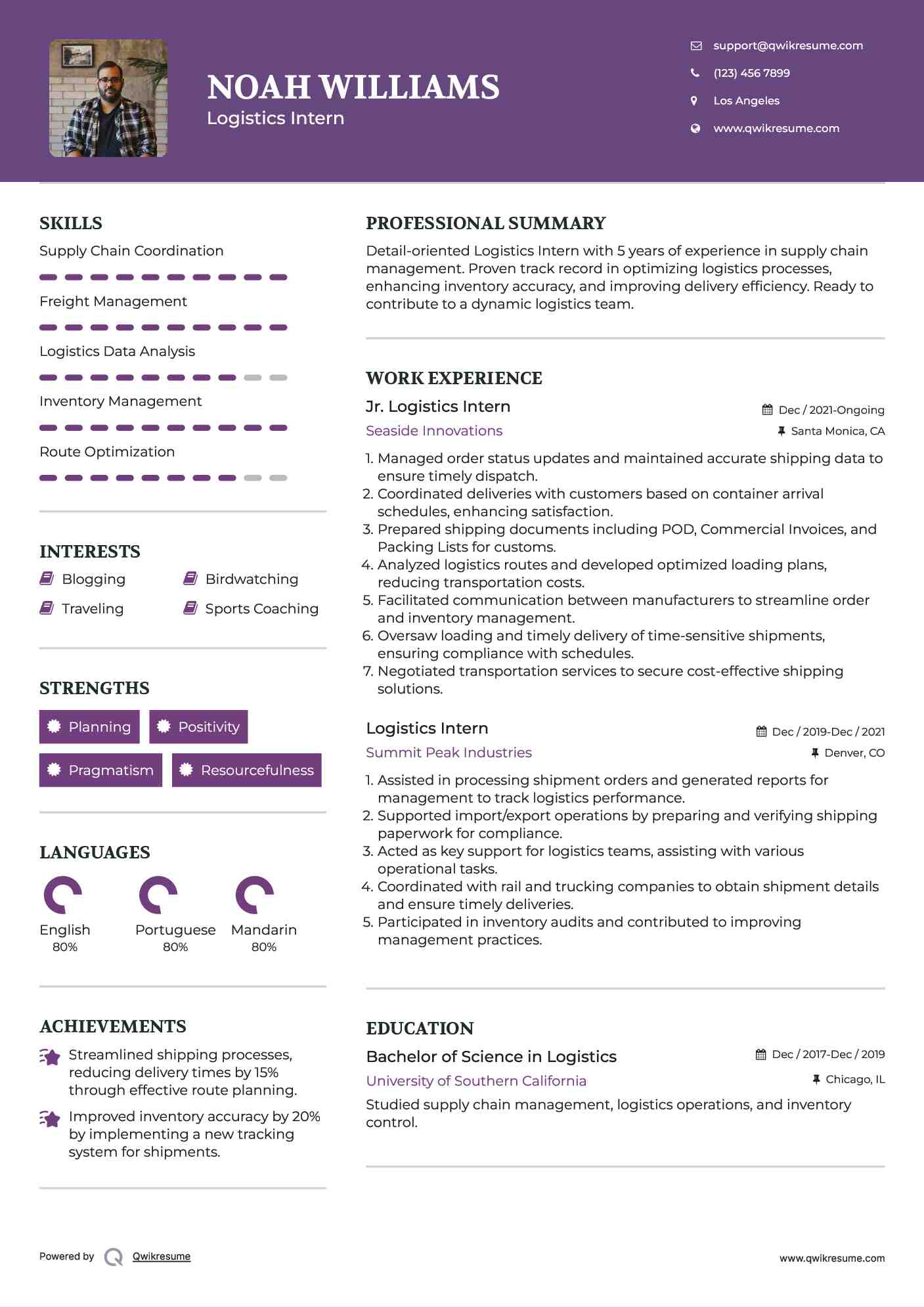 Jr. Logistics Intern Resume Template