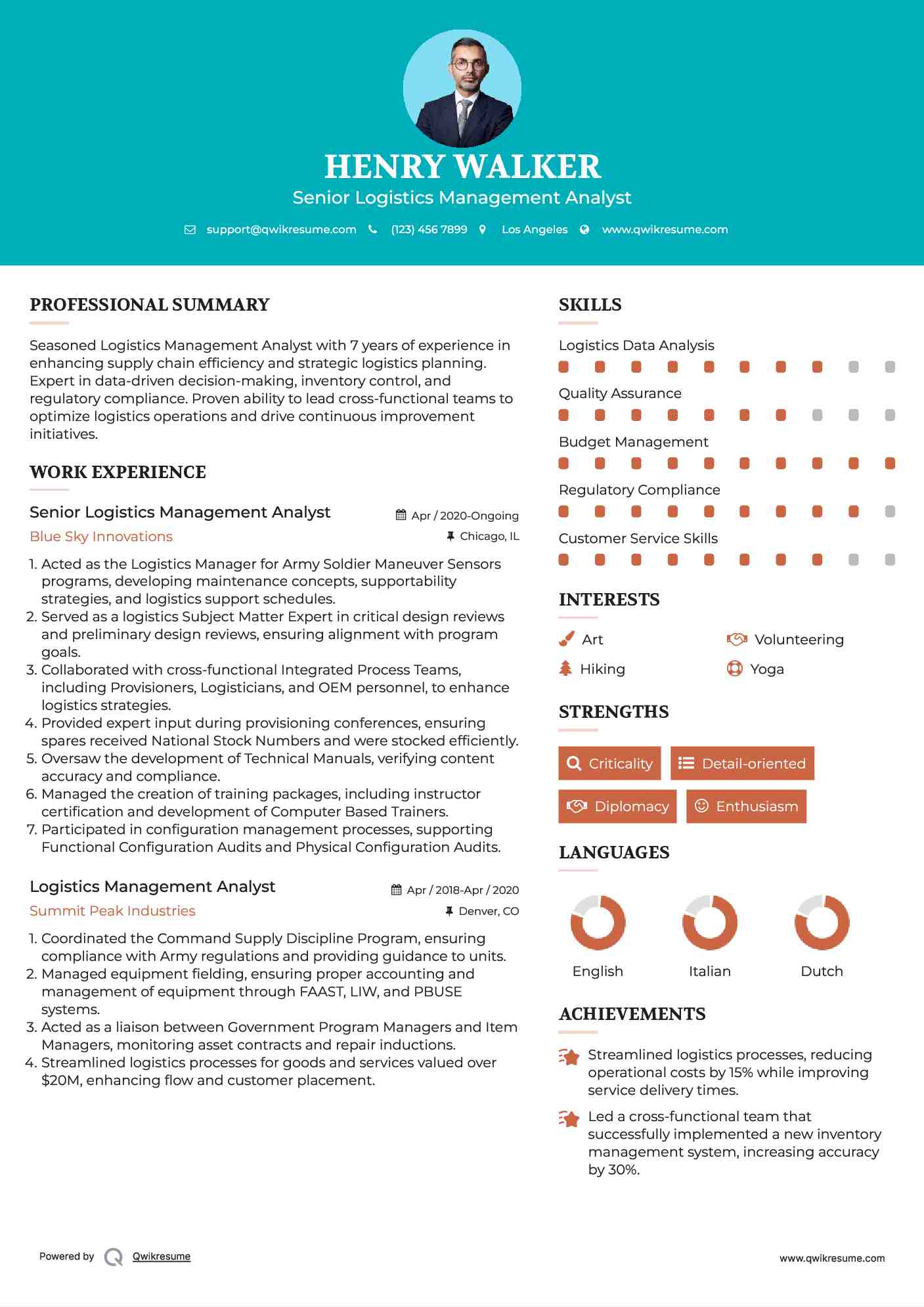 Senior Logistics Management Analyst Resume Format