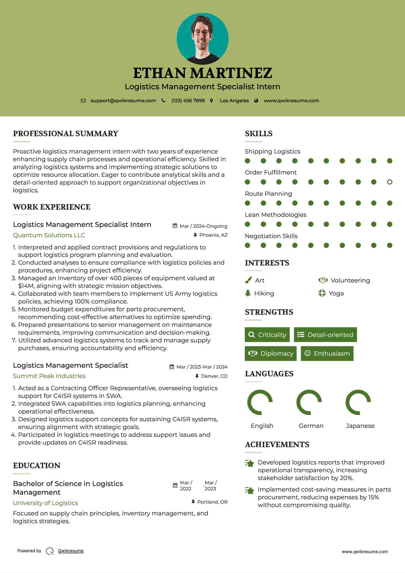 Logistics Management Specialist Intern Resume Template