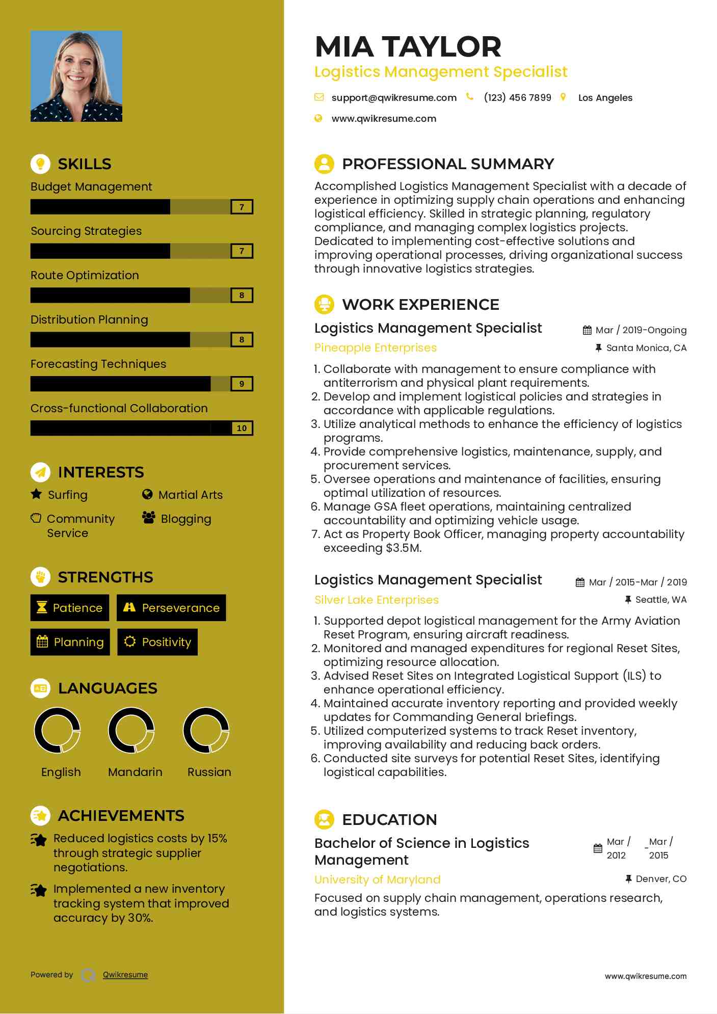 Logistics Management Specialist Resume Template