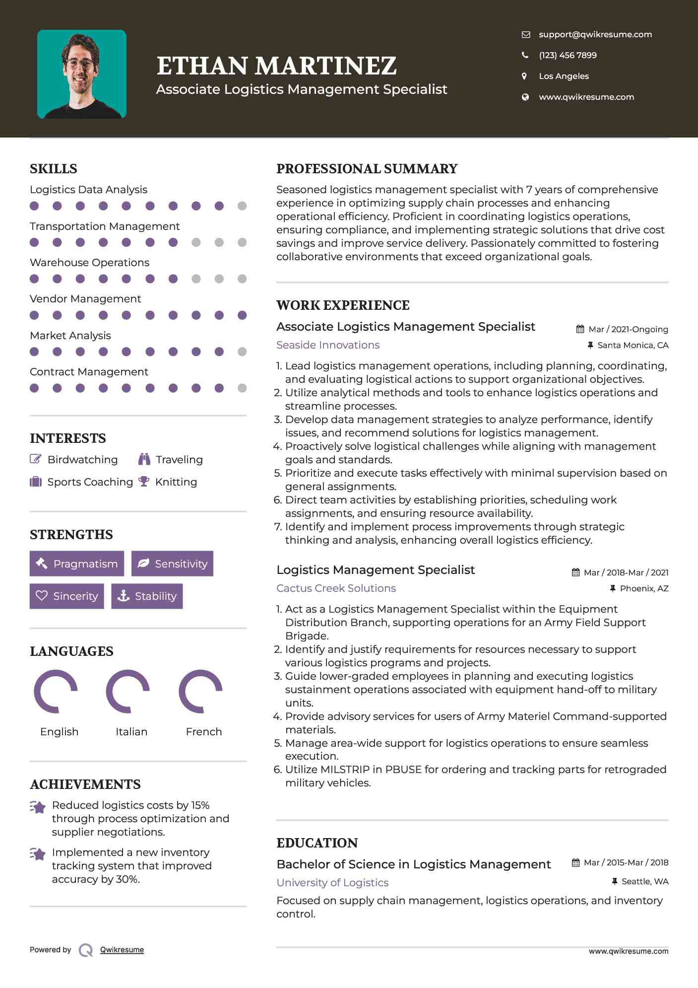 Associate Logistics Management Specialist Resume Example