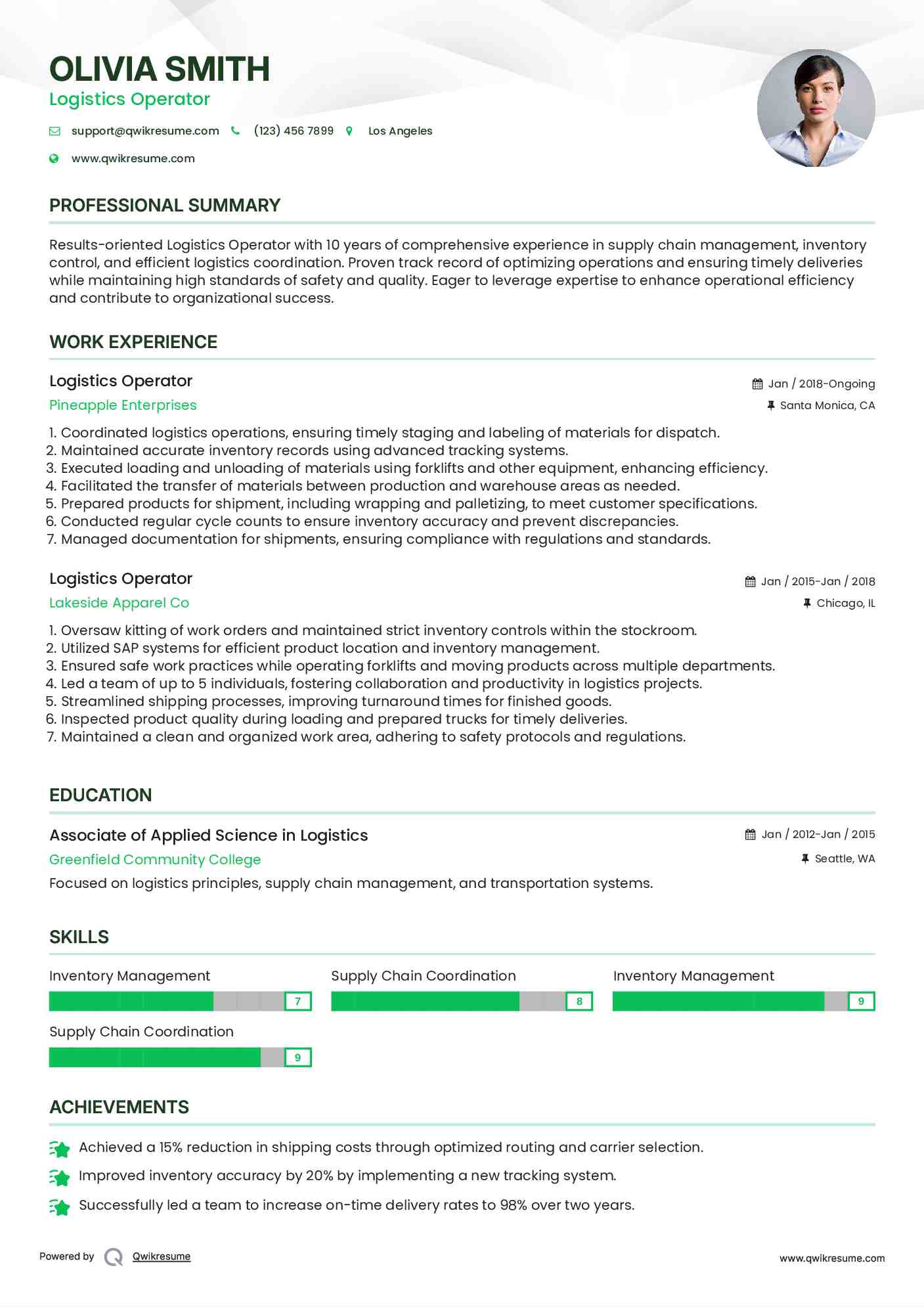 Logistics Operator Resume Template