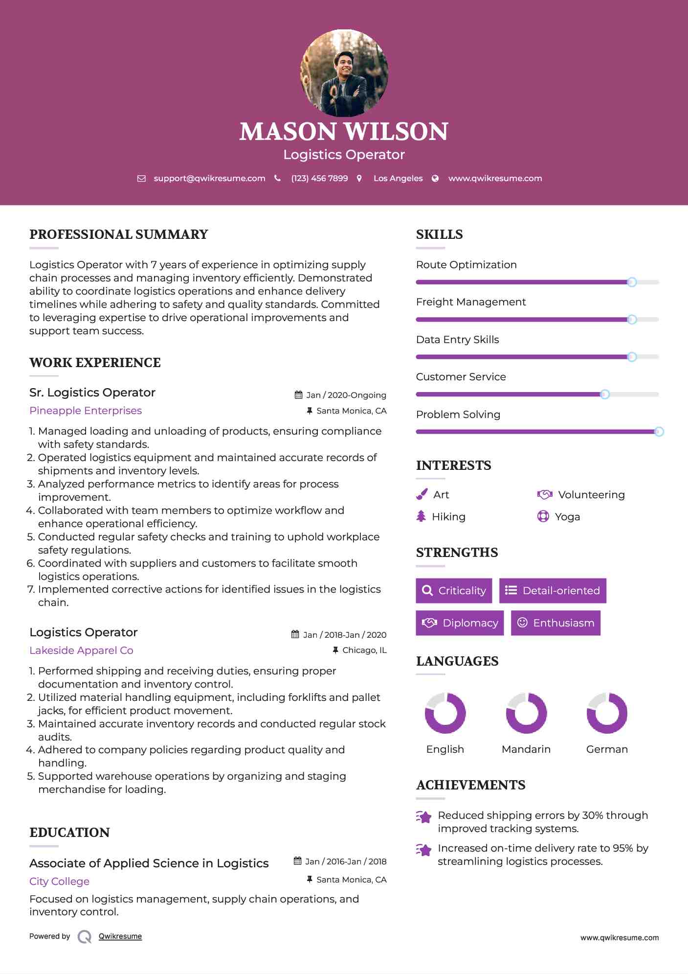 Sr. Logistics Operator Resume Sample