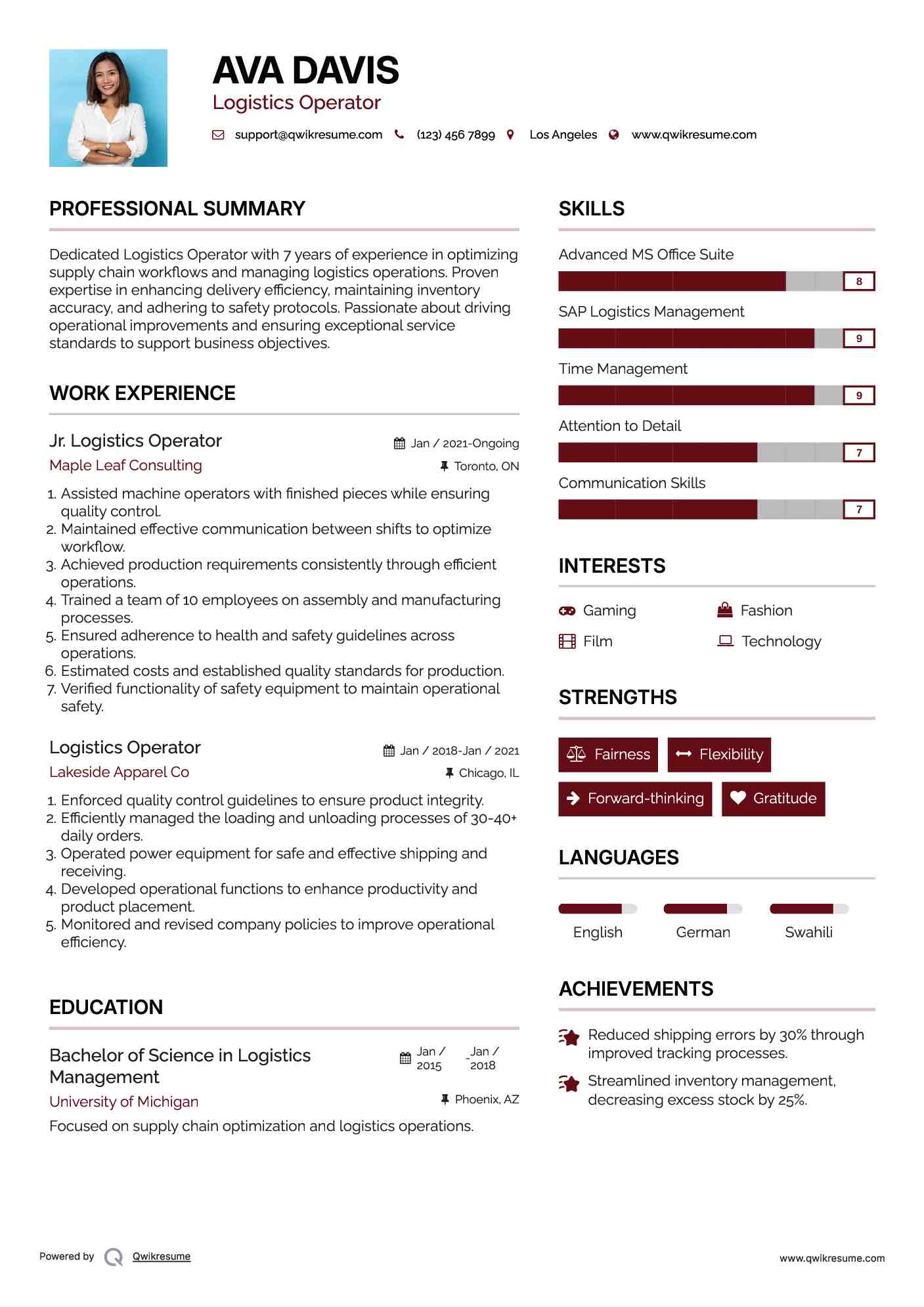 Jr. Logistics Operator Resume Example