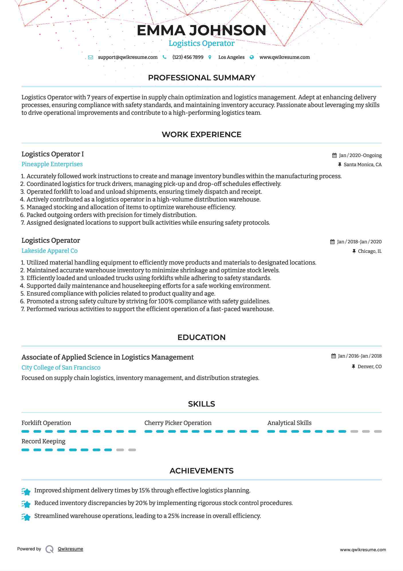Logistics Operator I Resume Sample