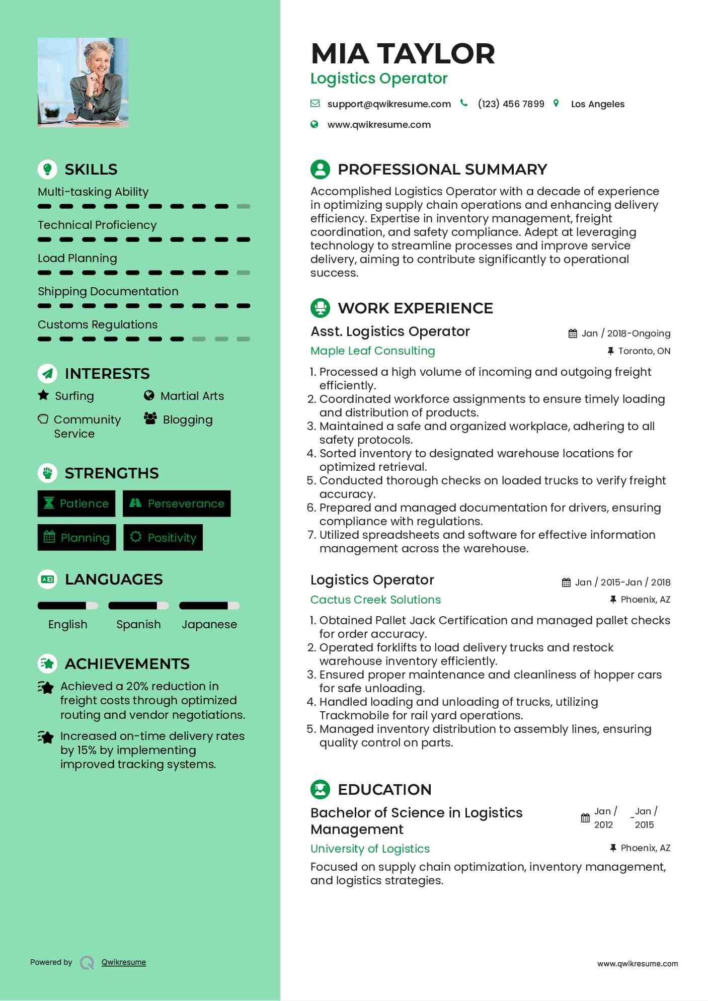 Asst. Logistics Operator Resume Template
