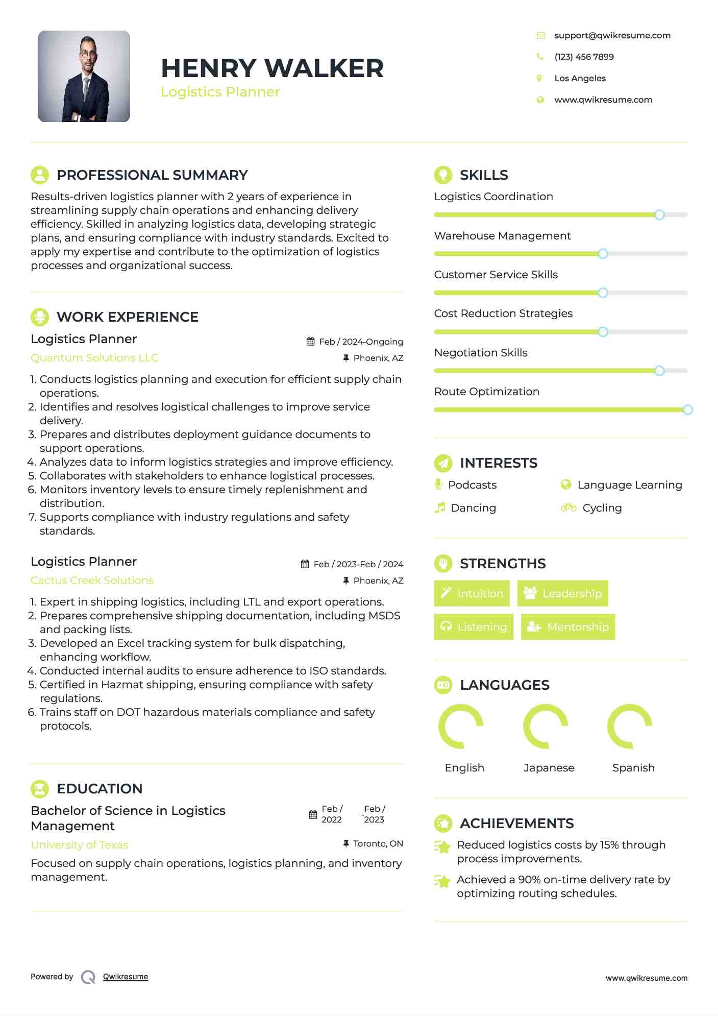 Logistics Planner Resume Format