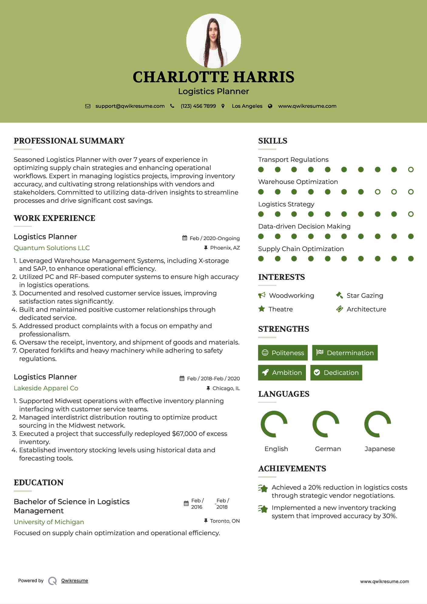 Logistics Planner Resume Example