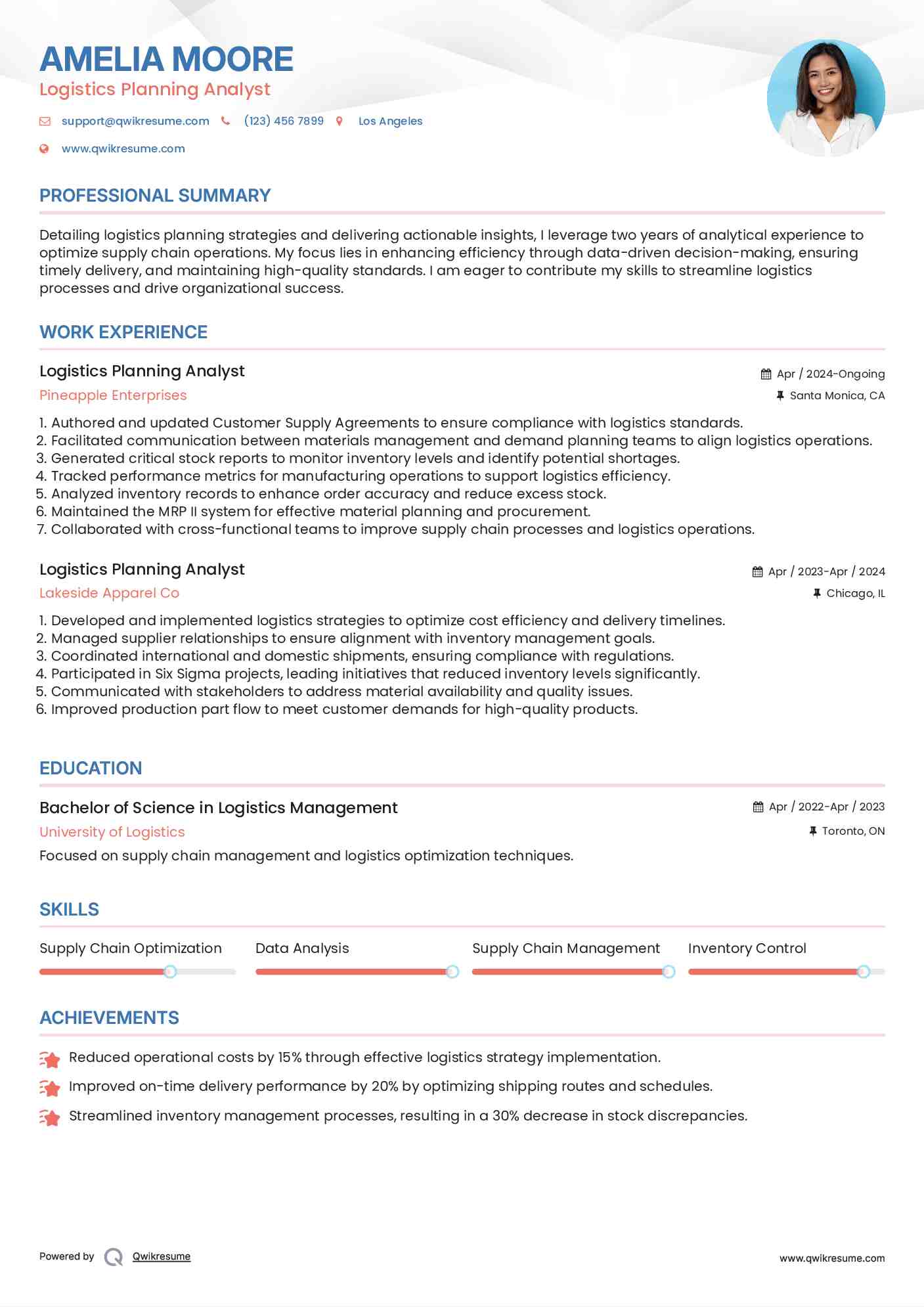 Logistics Planning Analyst Resume Example