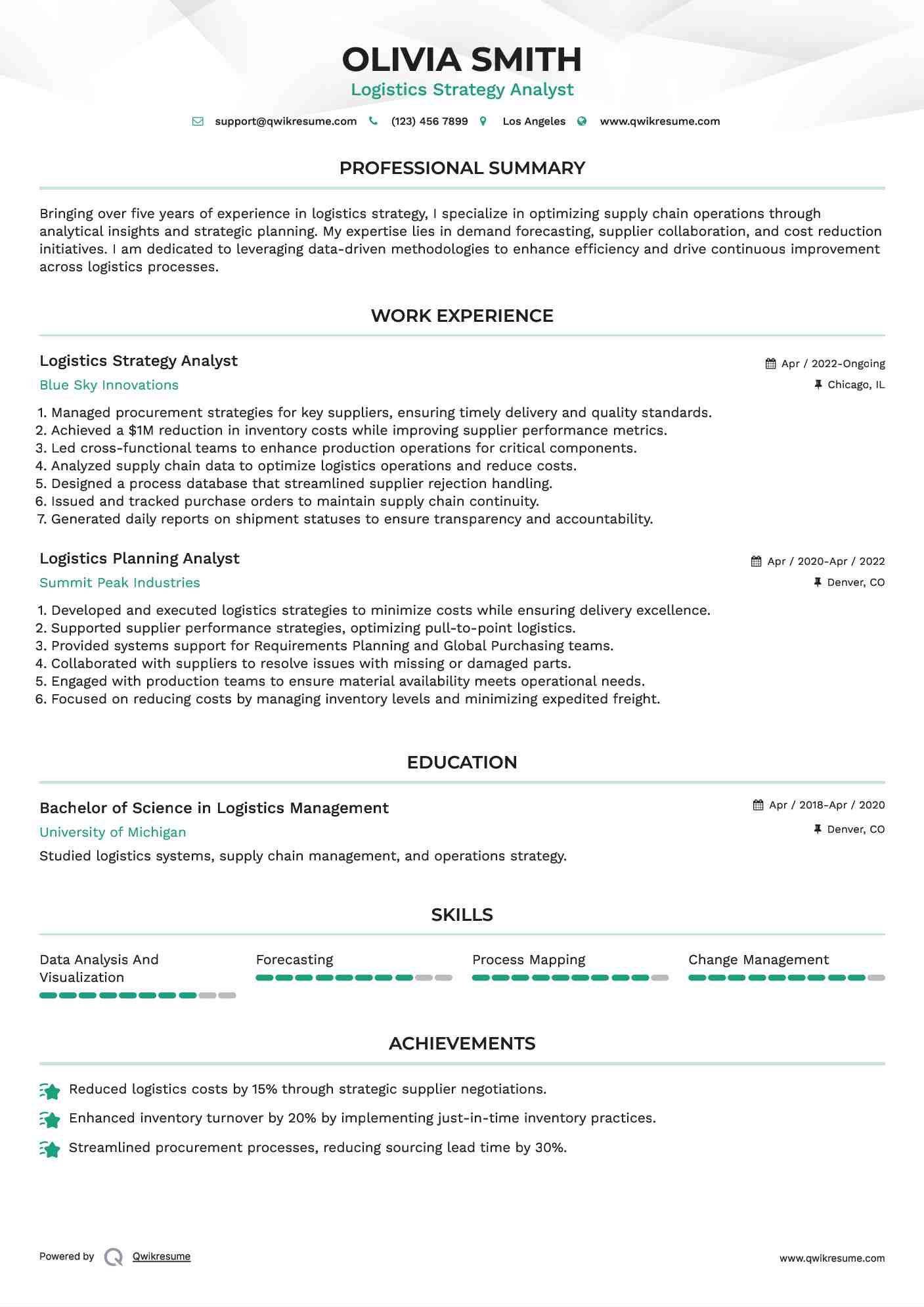 Logistics Strategy Analyst Resume Sample