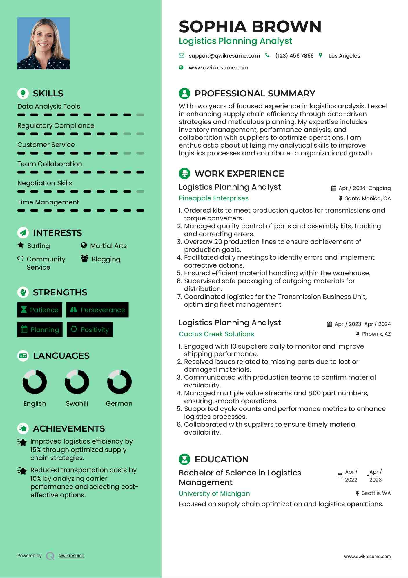 Logistics Planning Analyst Resume Sample
