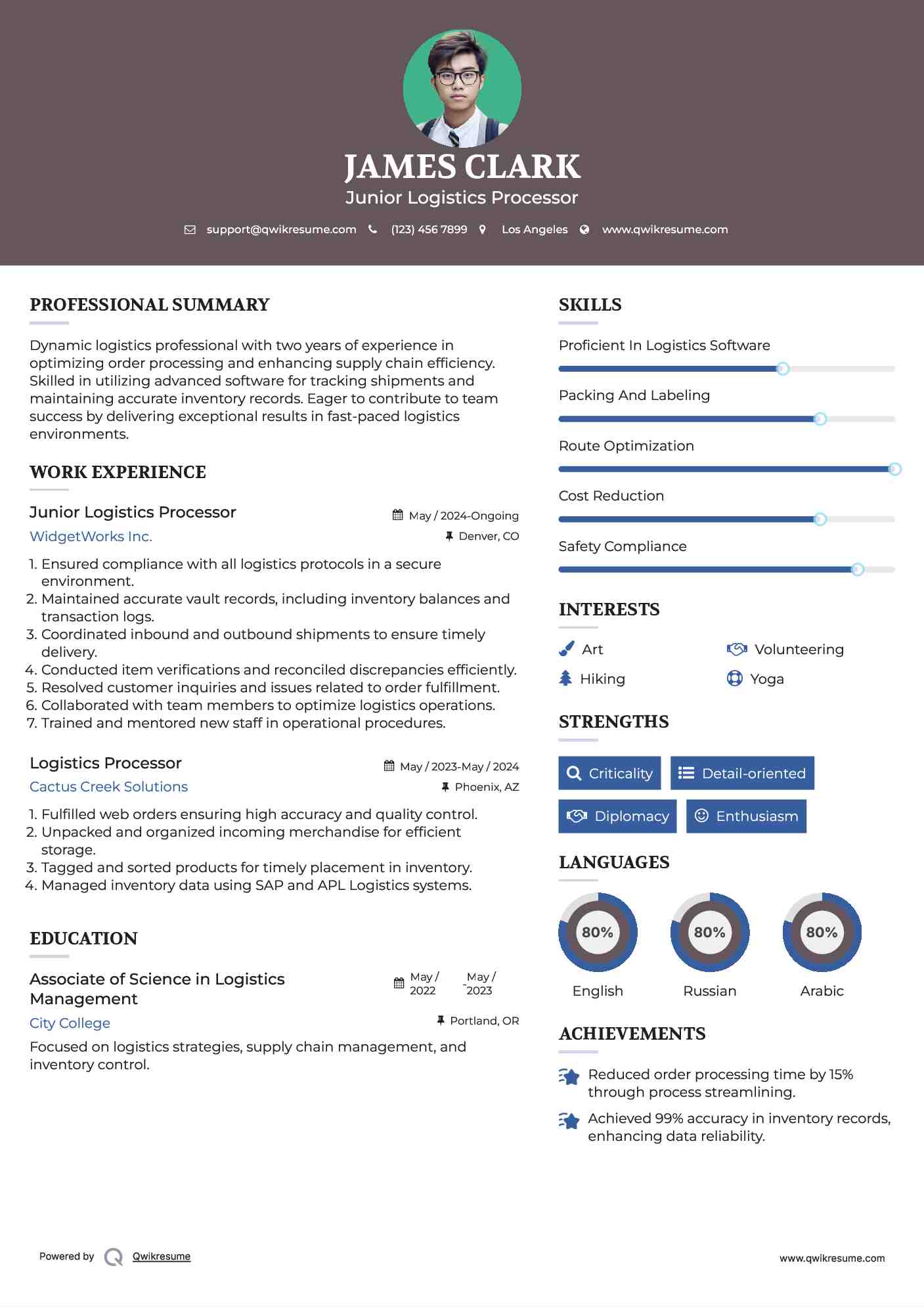 Junior Logistics Processor Resume Example