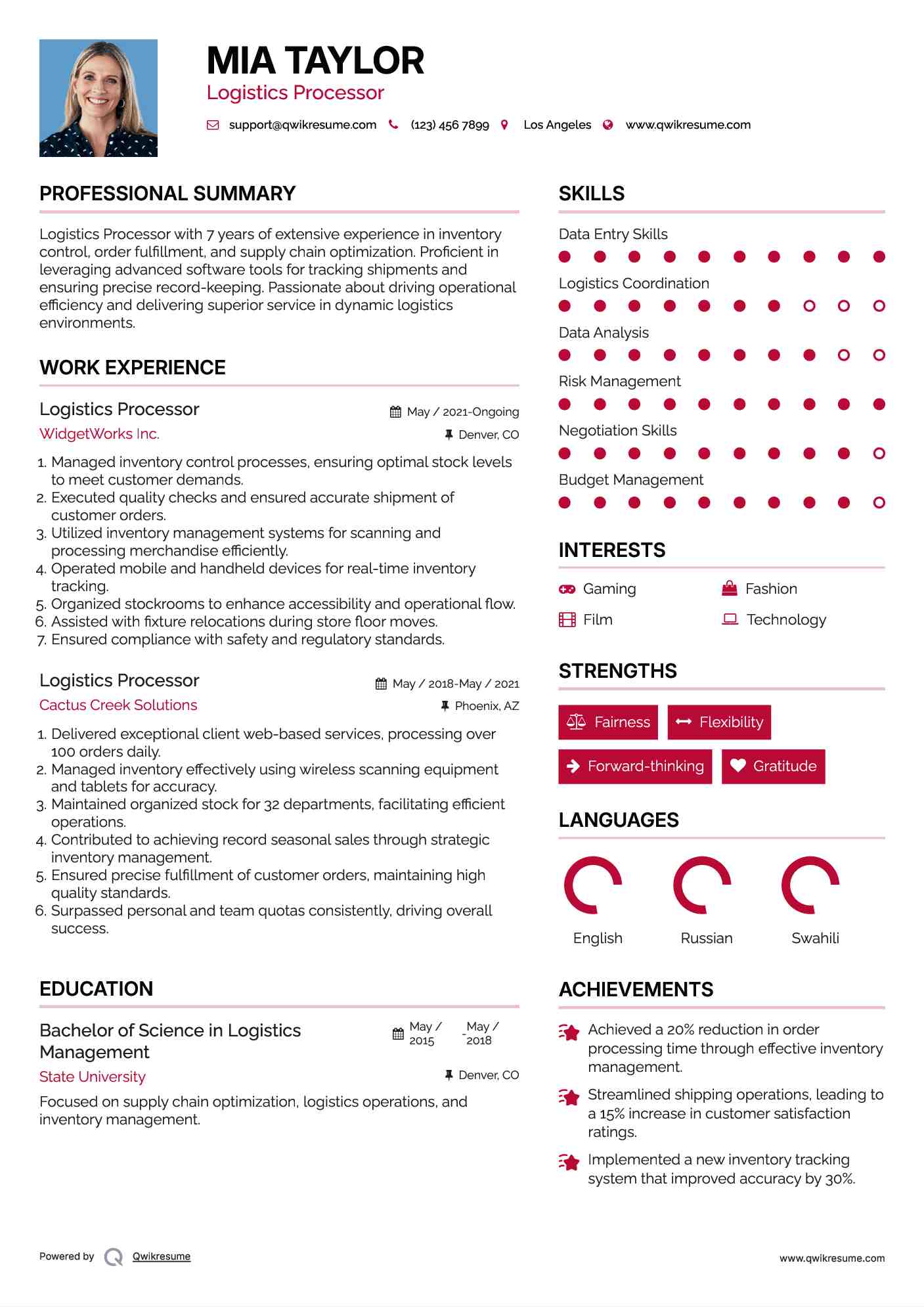 Logistics Processor Resume Template