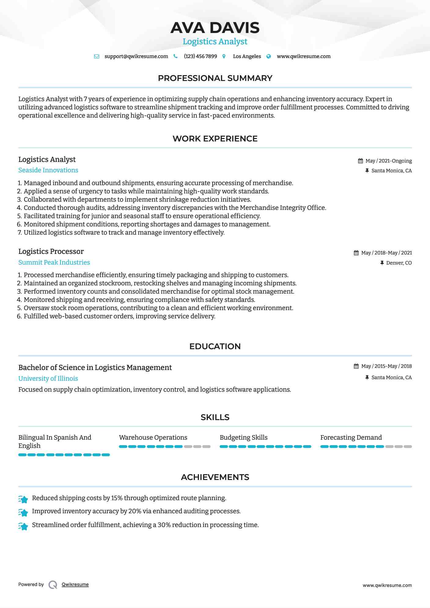 Logistics Analyst Resume Template