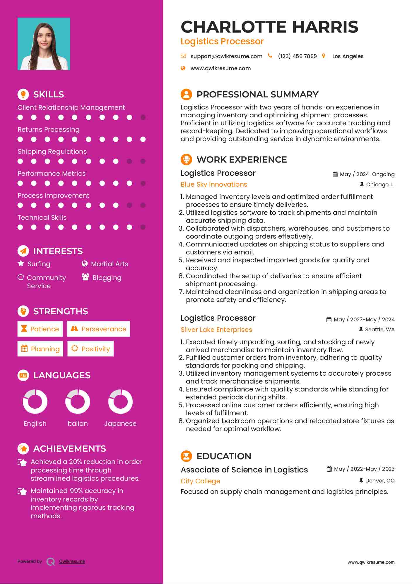Logistics Processor Resume Model
