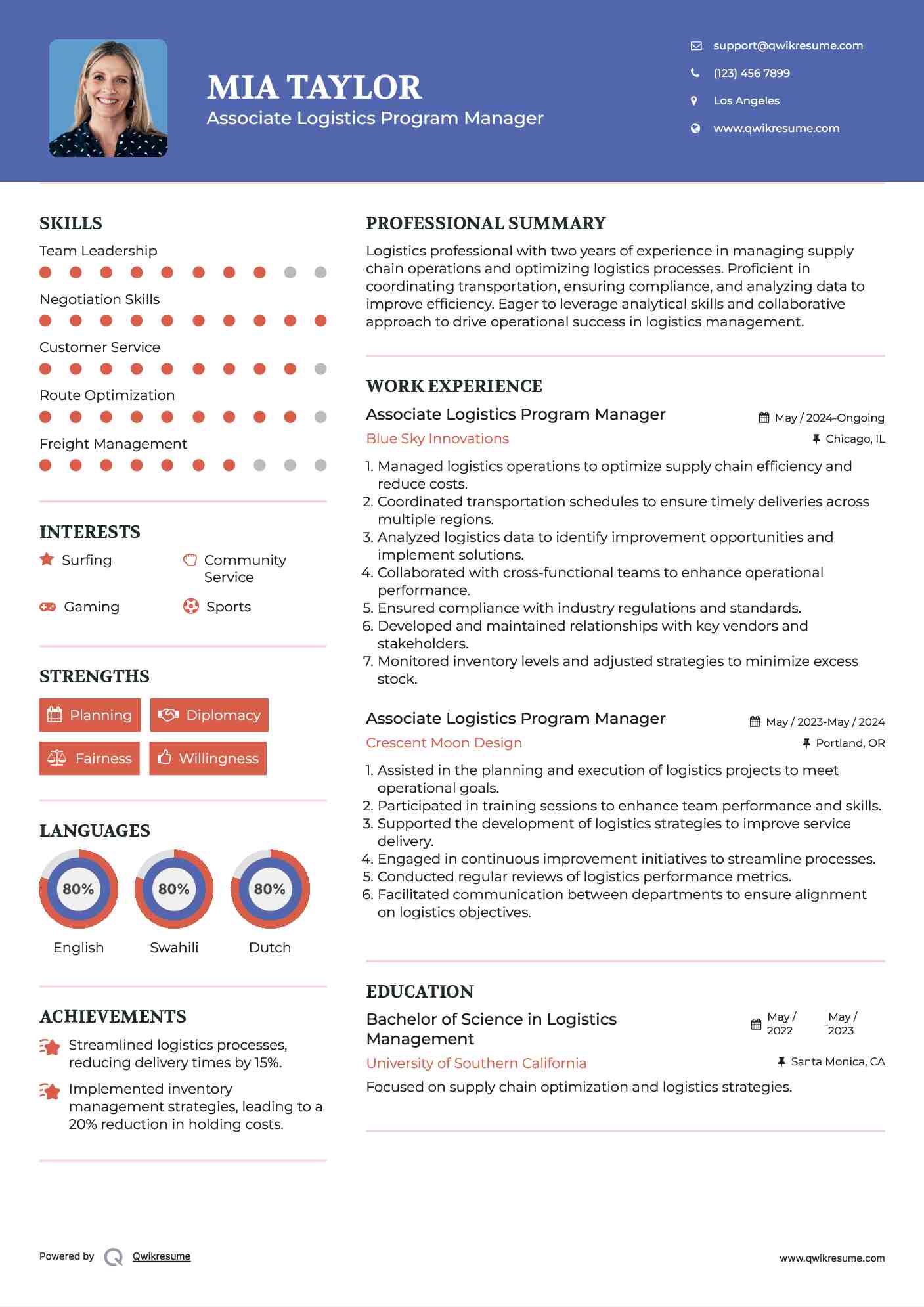 Associate Logistics Program Manager Resume Model