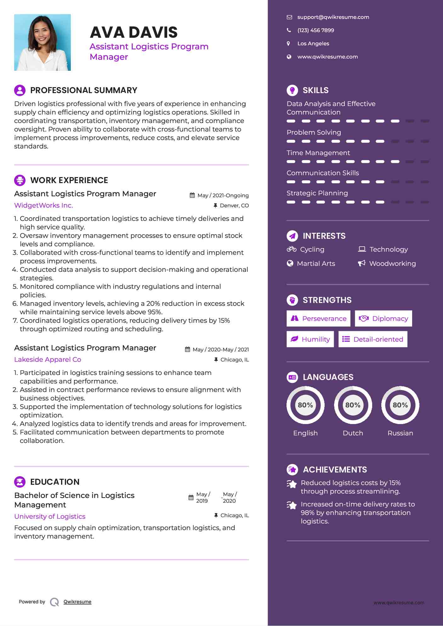 Assistant Logistics Program Manager Resume Example