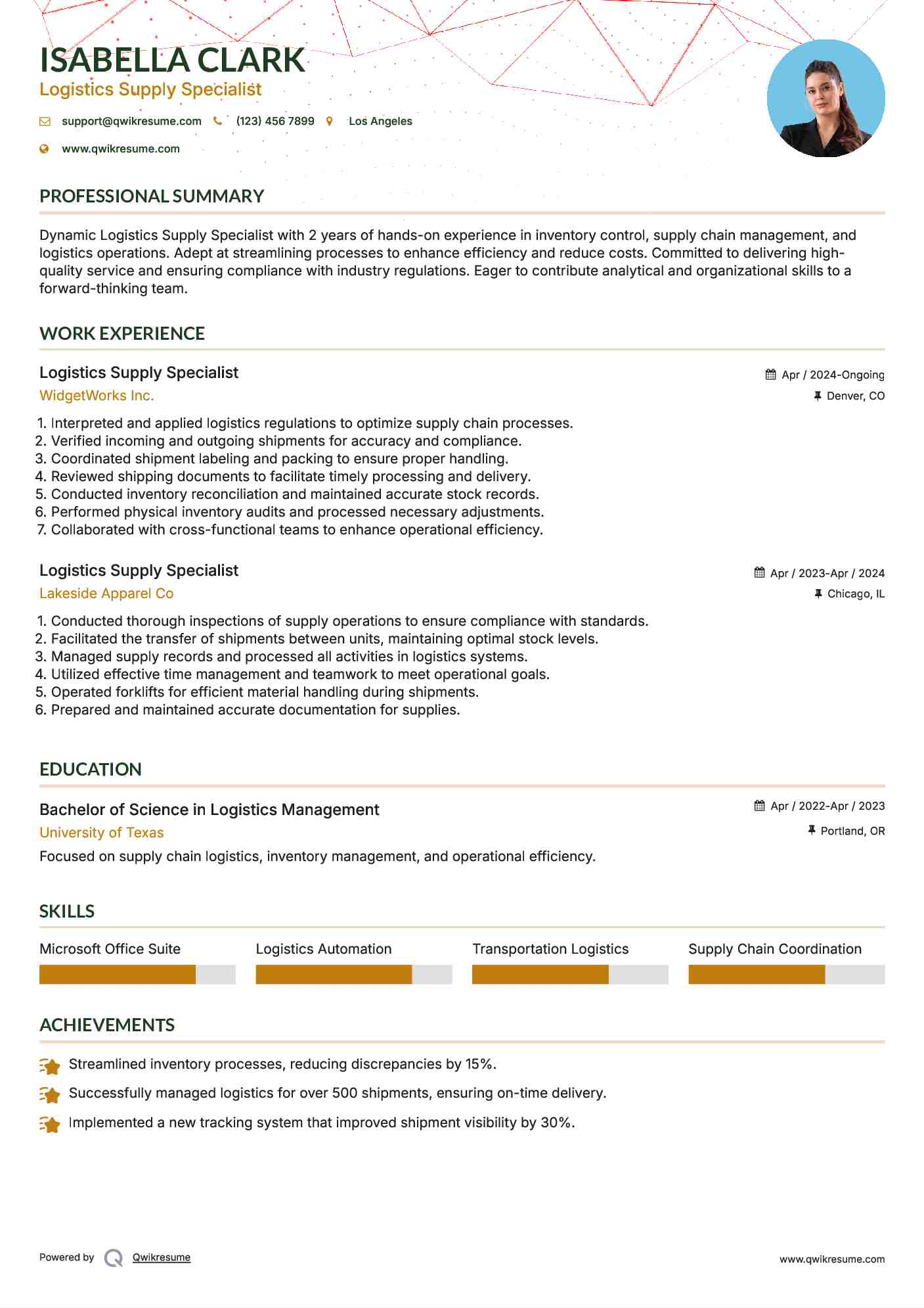 Logistics Supply Specialist Resume Template