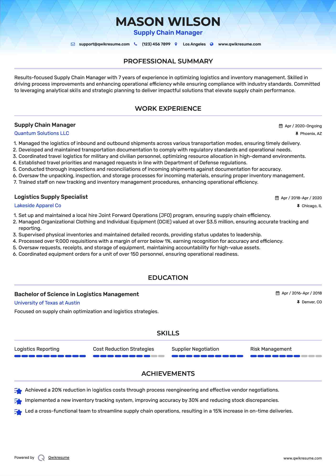 Supply Chain Manager Resume Format