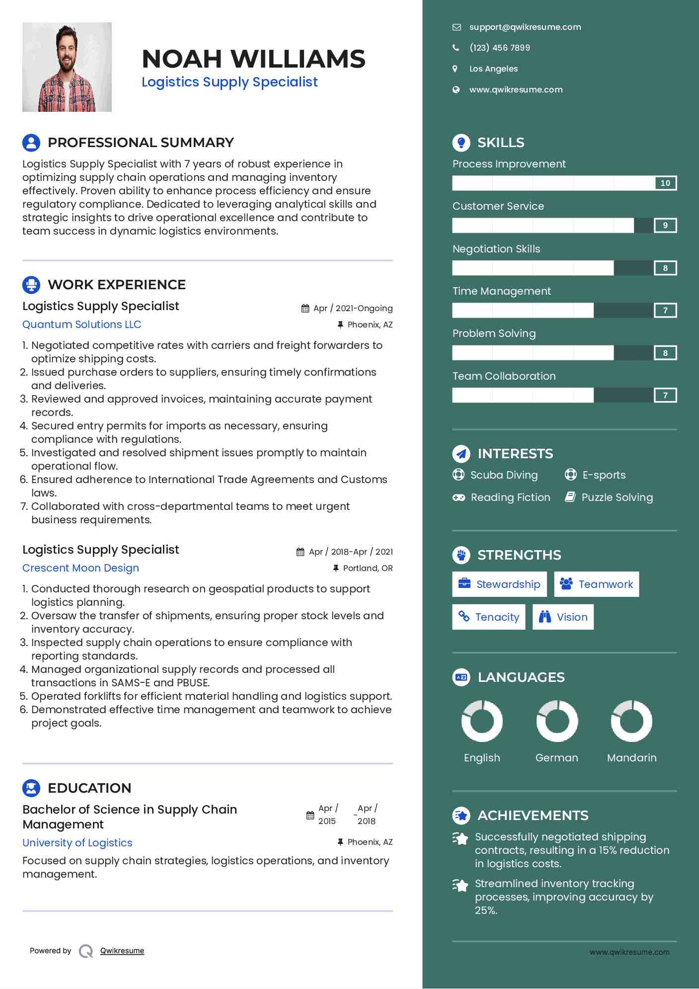 Logistics Supply Specialist Resume Sample
