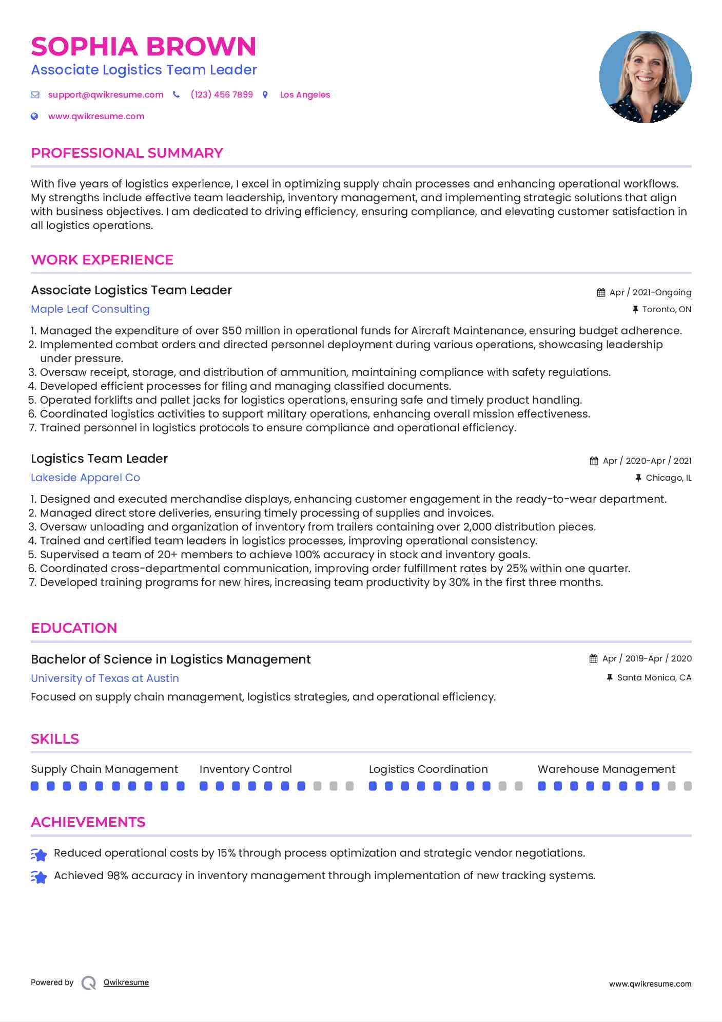 Associate Logistics Team Leader Resume Example