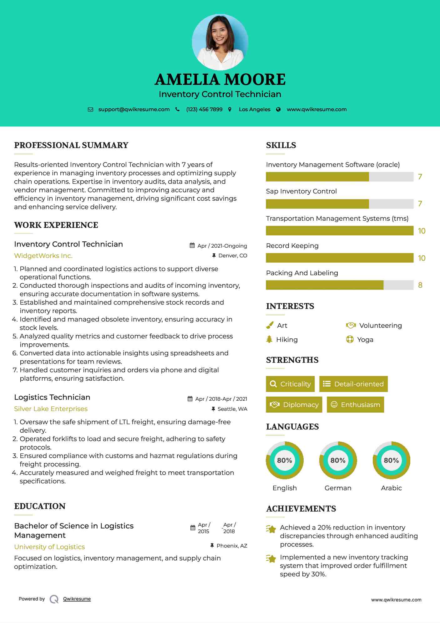 Inventory Control Technician Resume Example