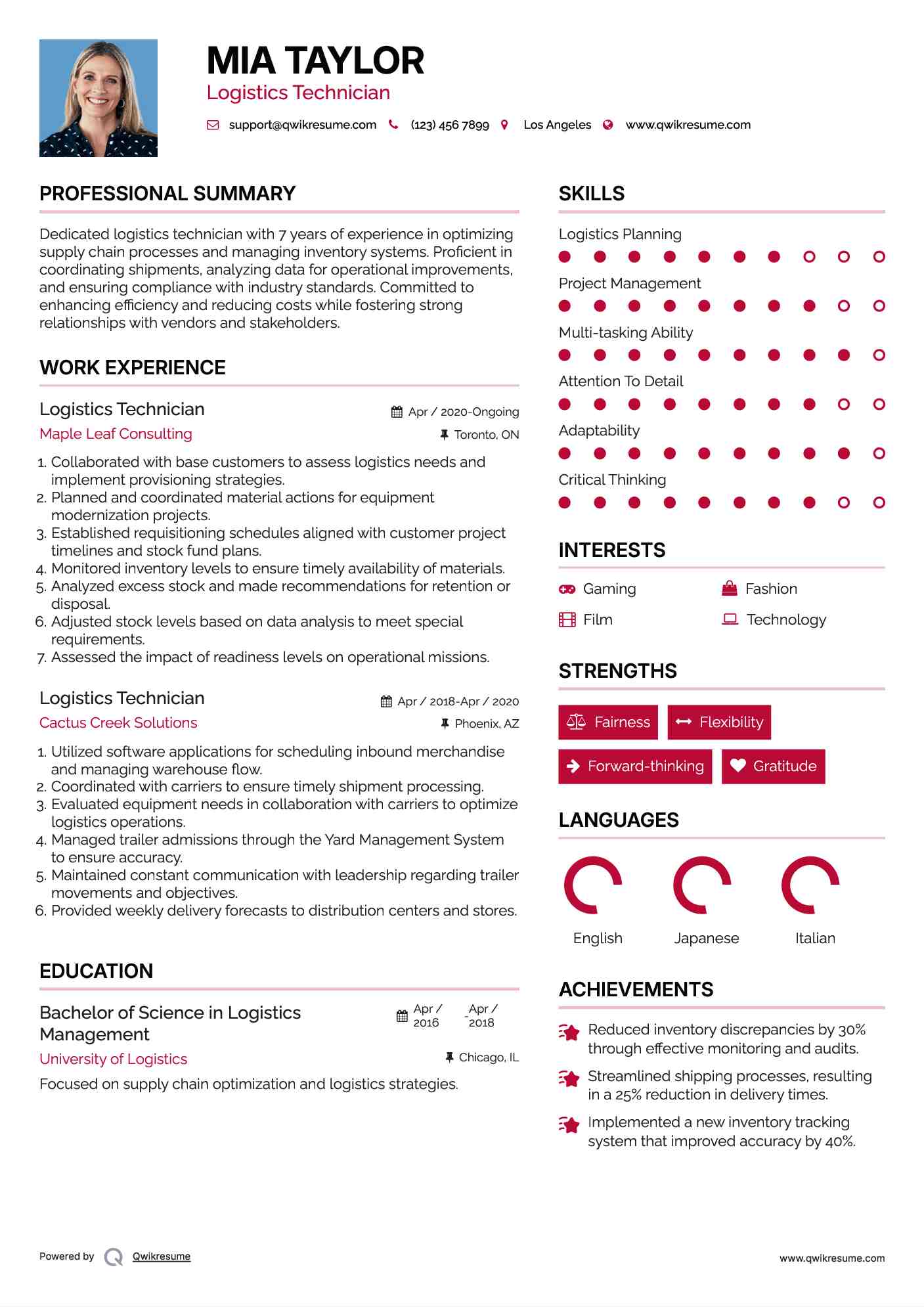 Logistics Technician Resume Template