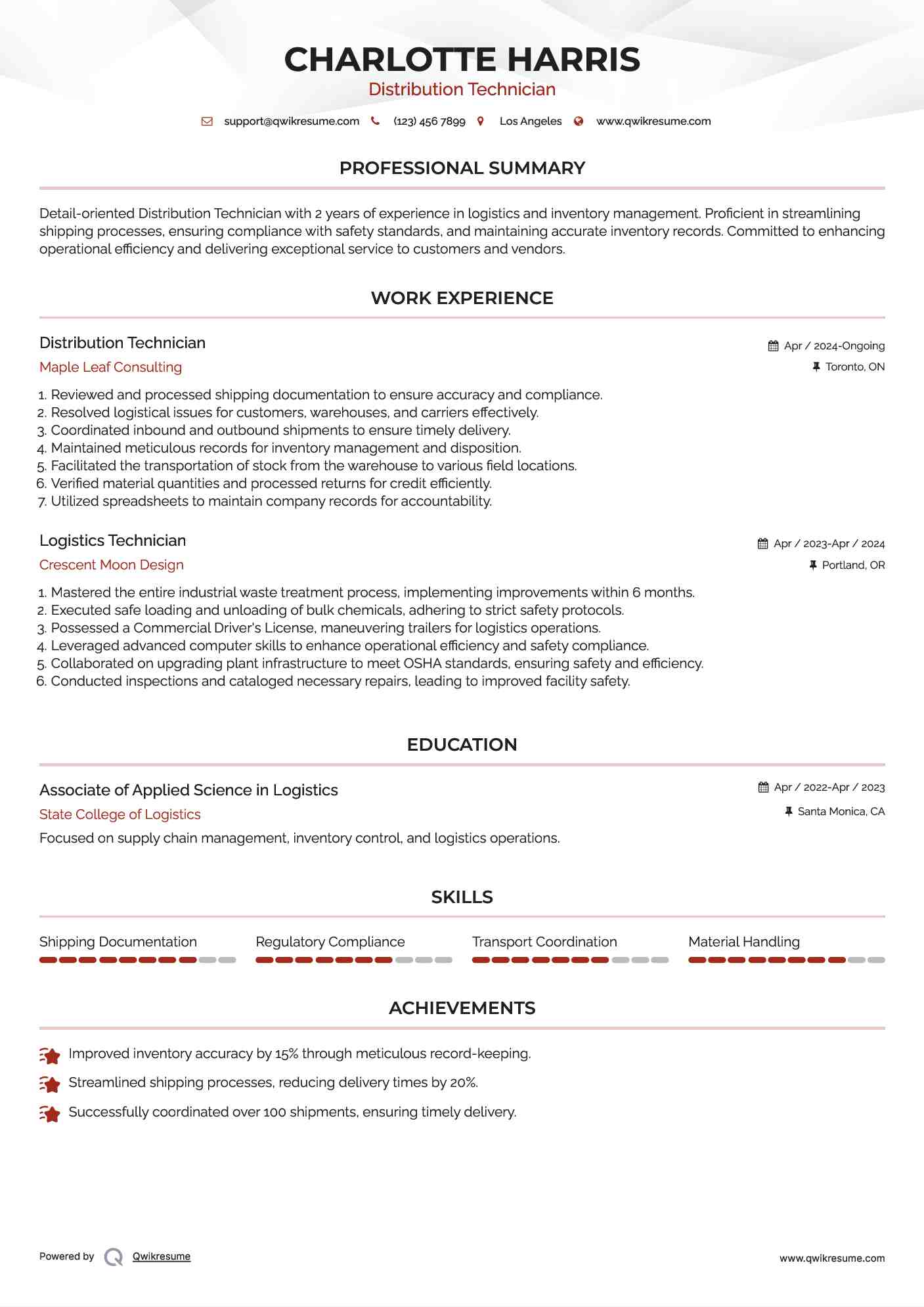 Distribution Technician Resume Sample