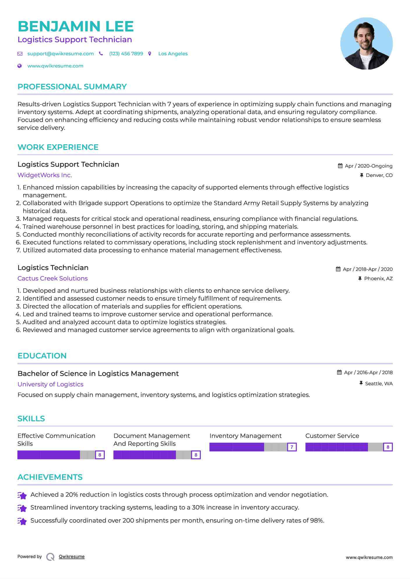 Logistics Support Technician Resume Example
