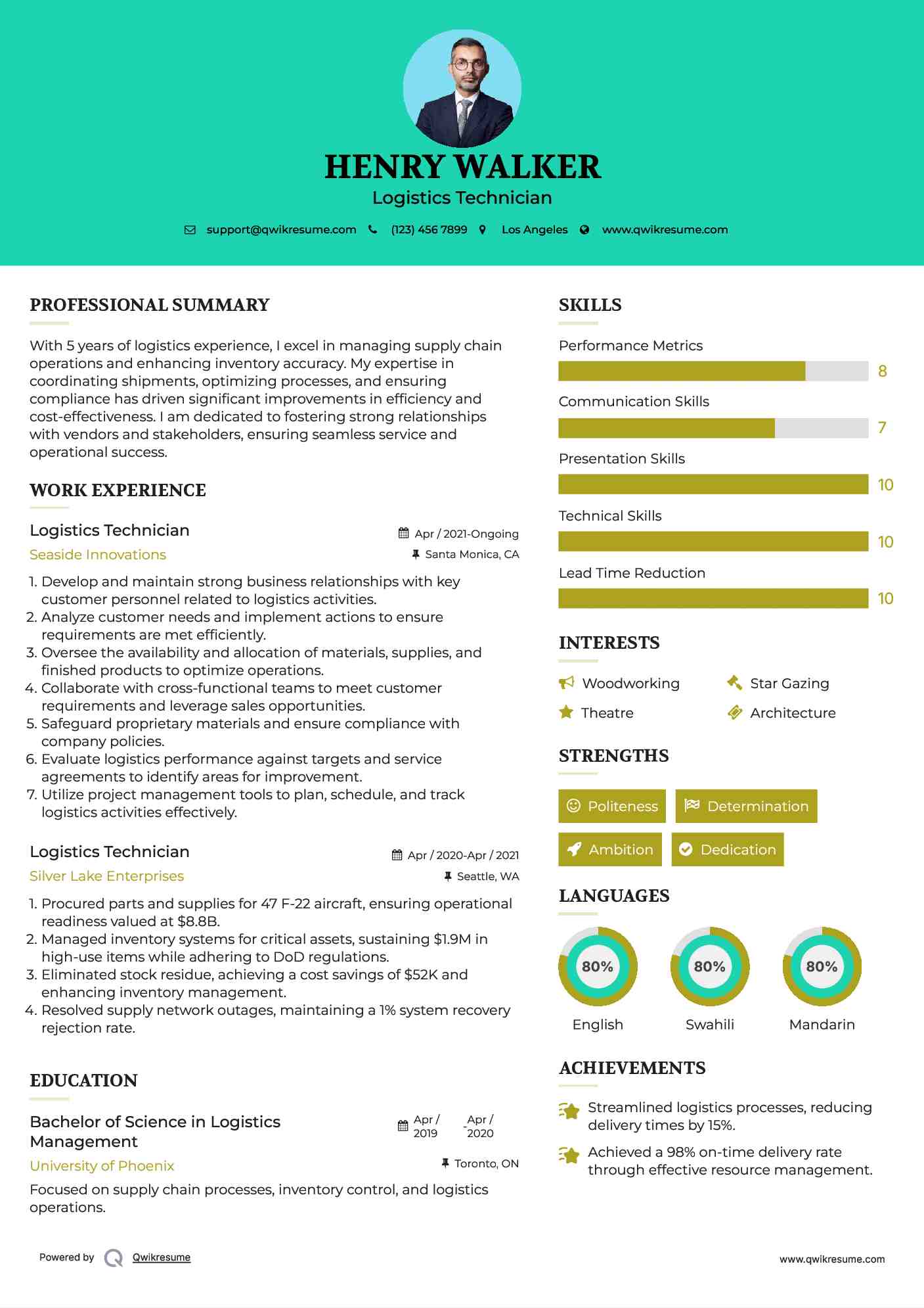 Logistics Technician Resume Sample