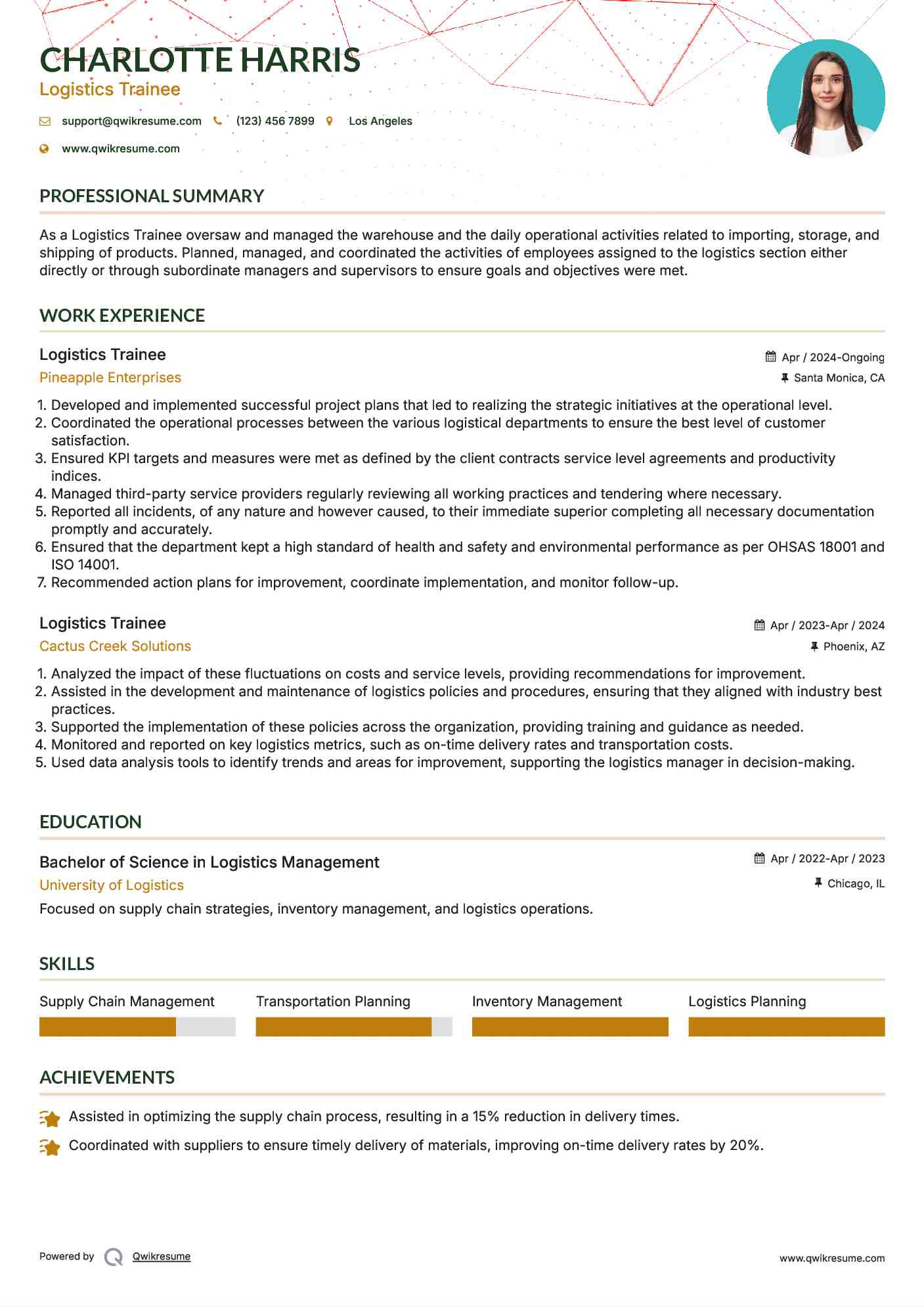 Logistics Trainee Resume Sample