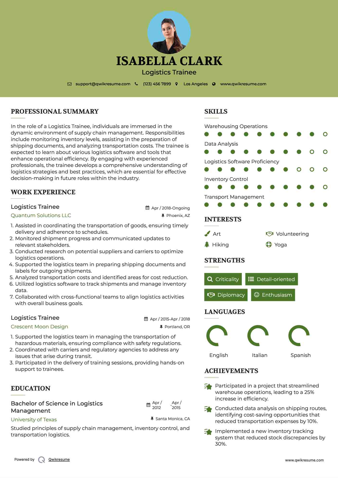 Logistics Trainee Resume Sample