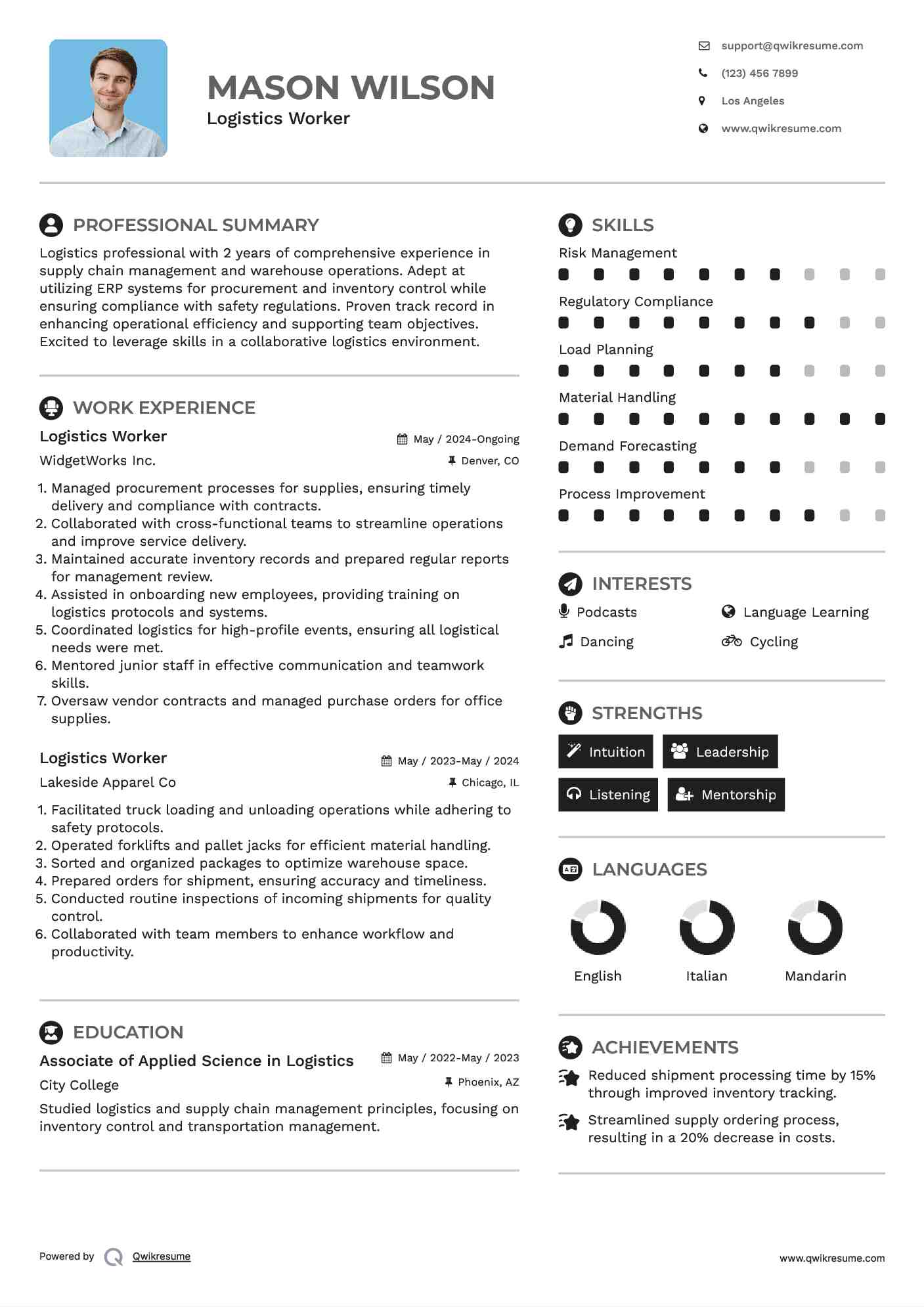 Logistics Worker Resume Example