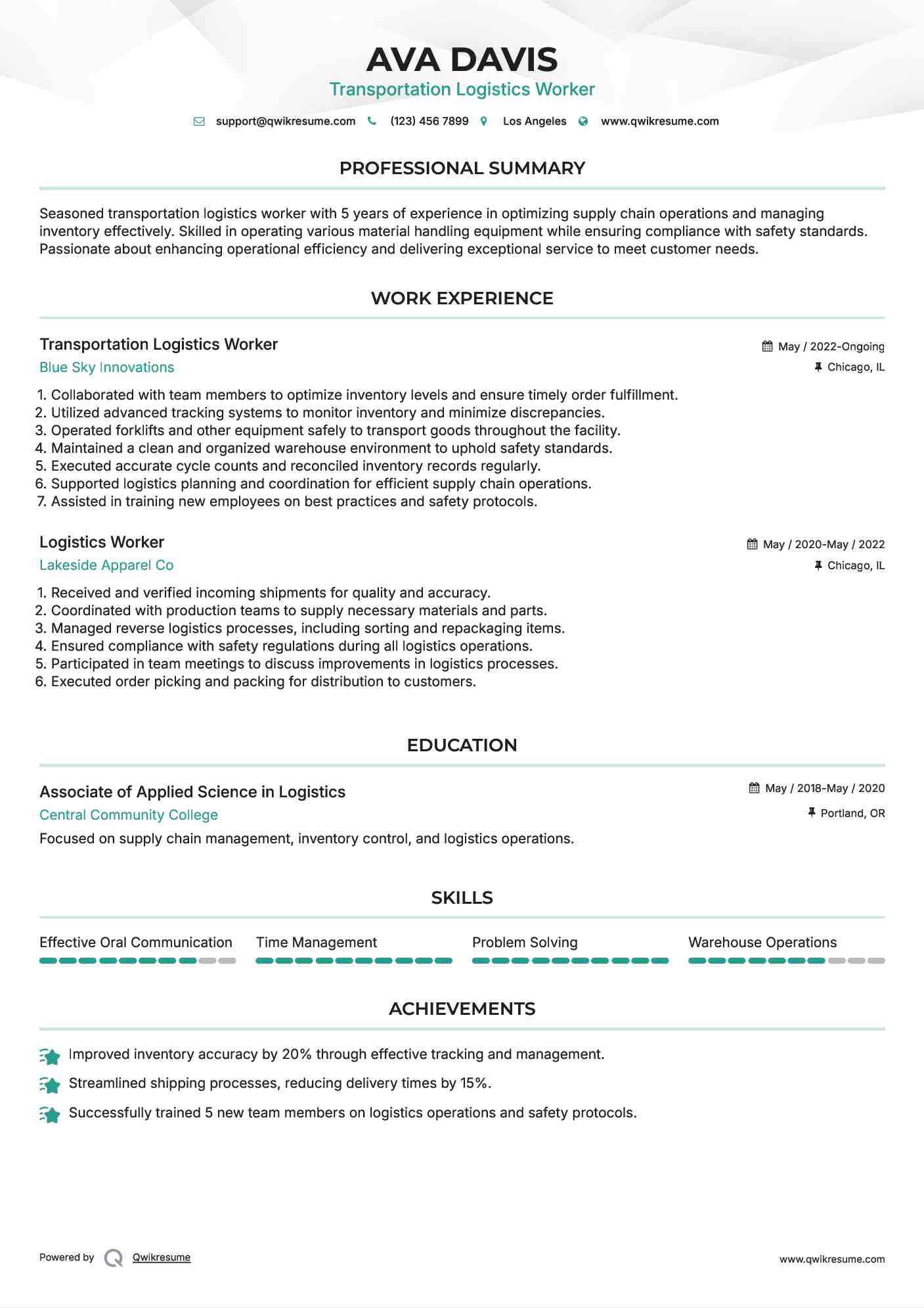 Transportation Logistics Worker Resume Example