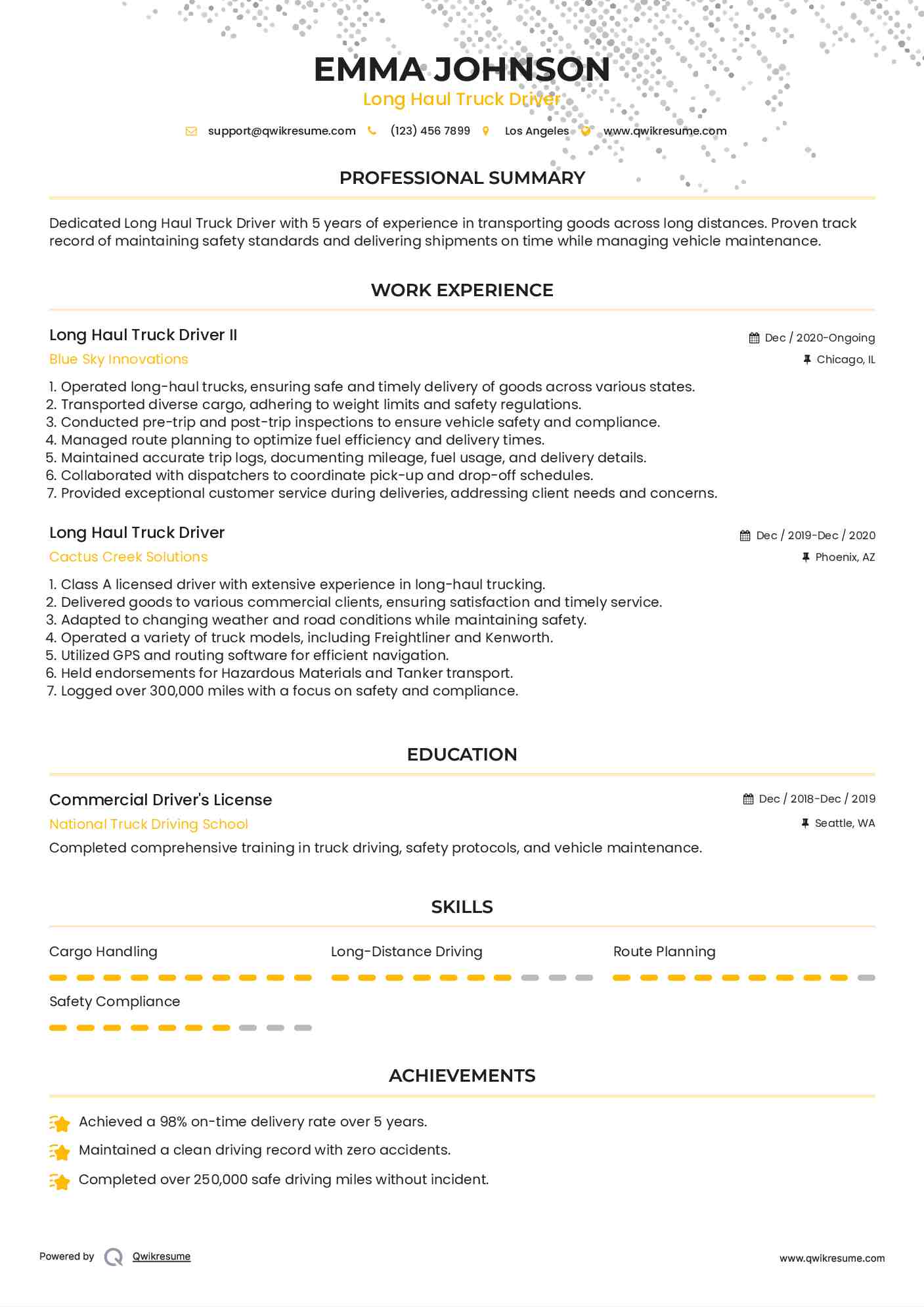 Long Haul Truck Driver II Resume Example