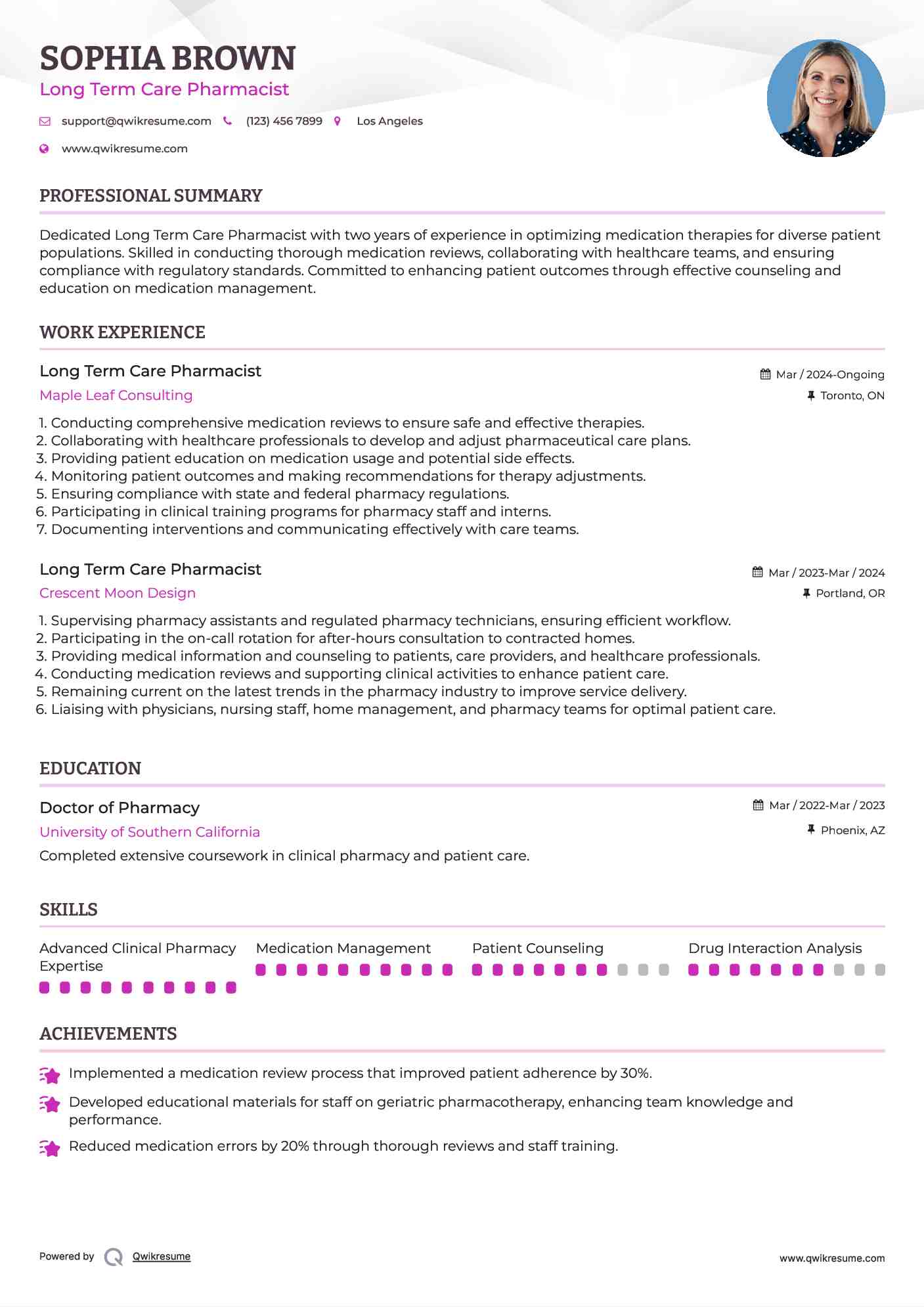 Long Term Care Pharmacist Resume Model