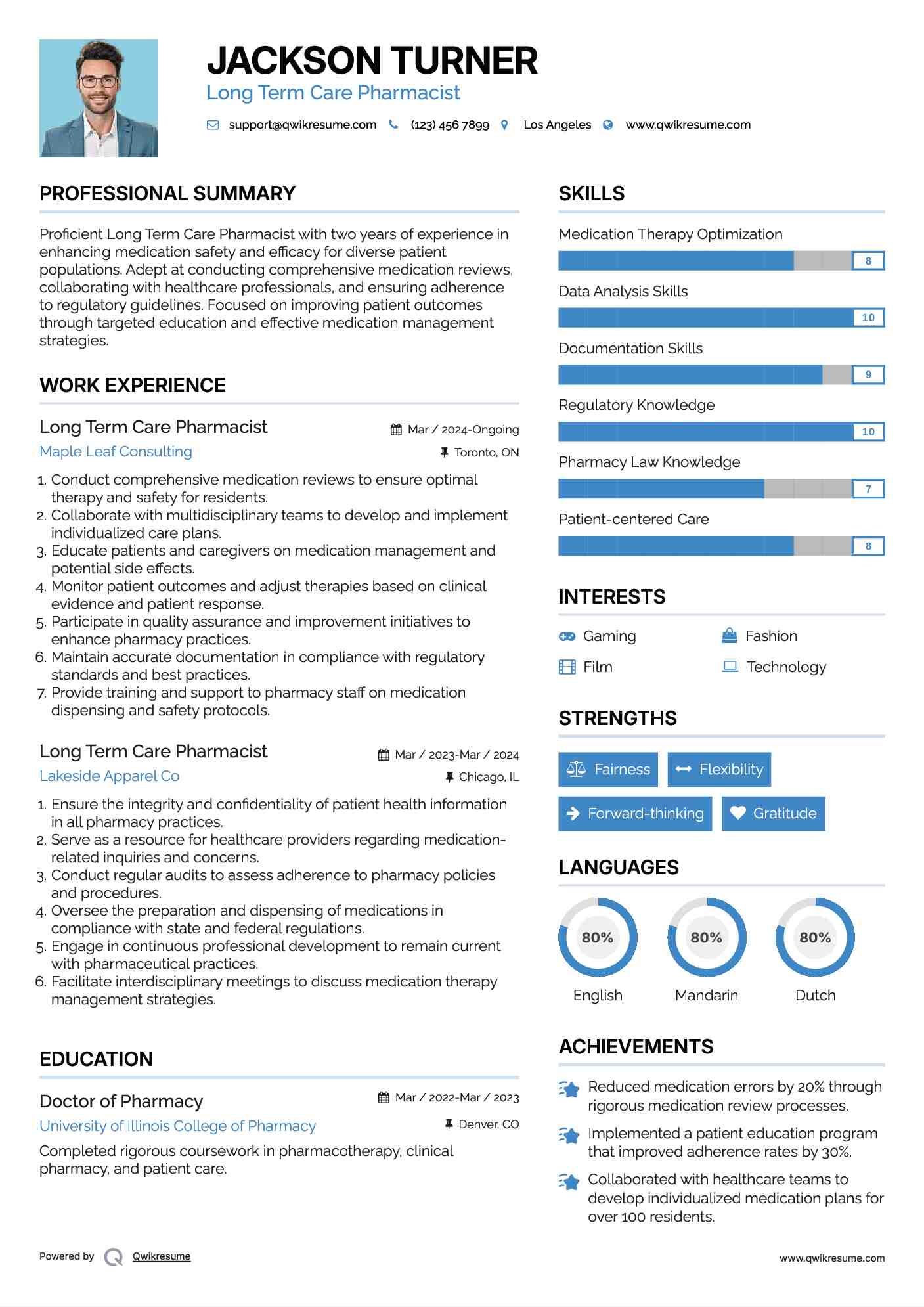 Long Term Care Pharmacist Resume Example