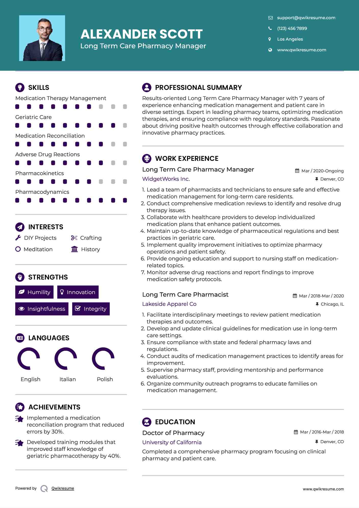 Long Term Care Pharmacy Manager Resume Sample