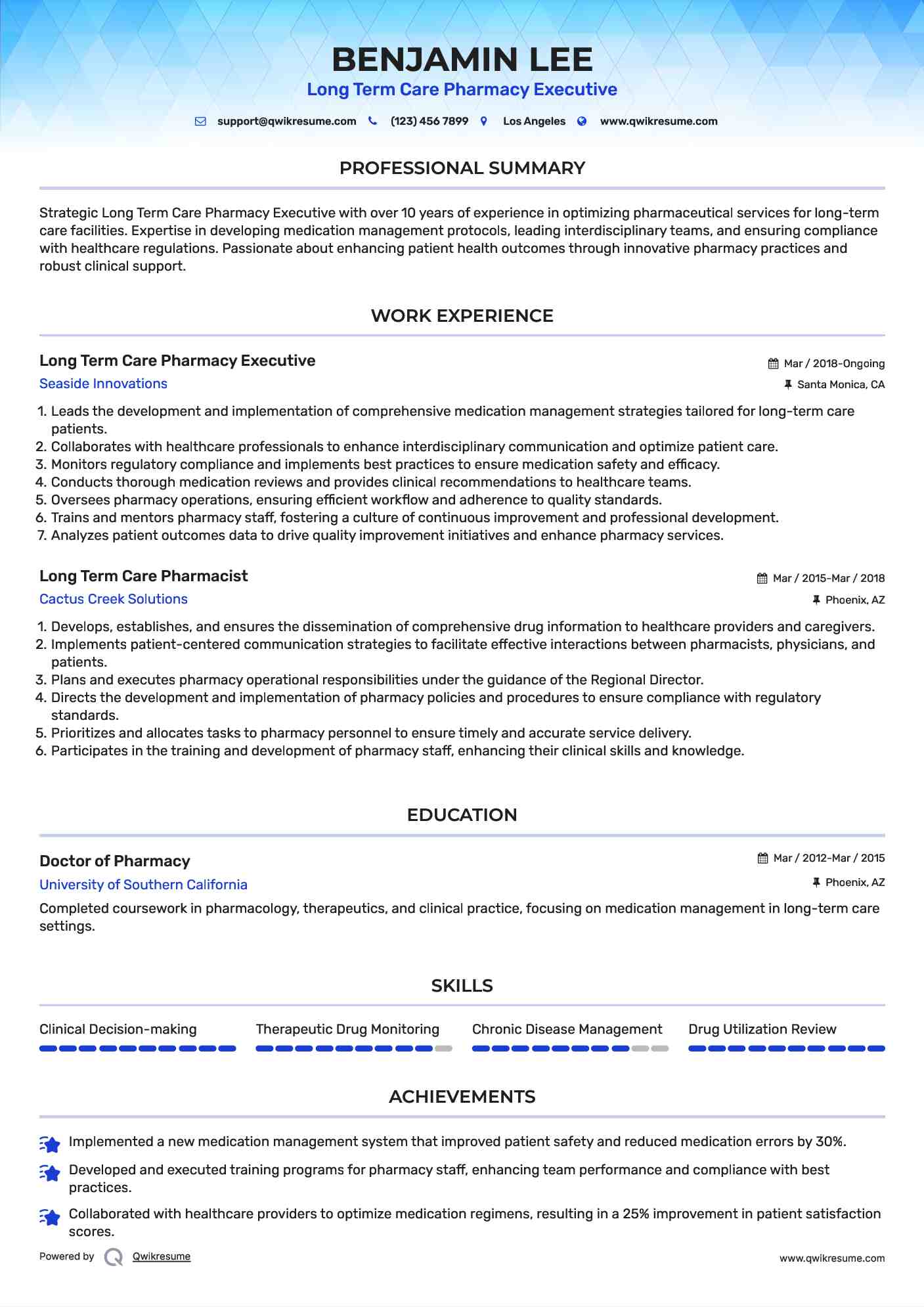 Long Term Care Pharmacy Executive Resume Model