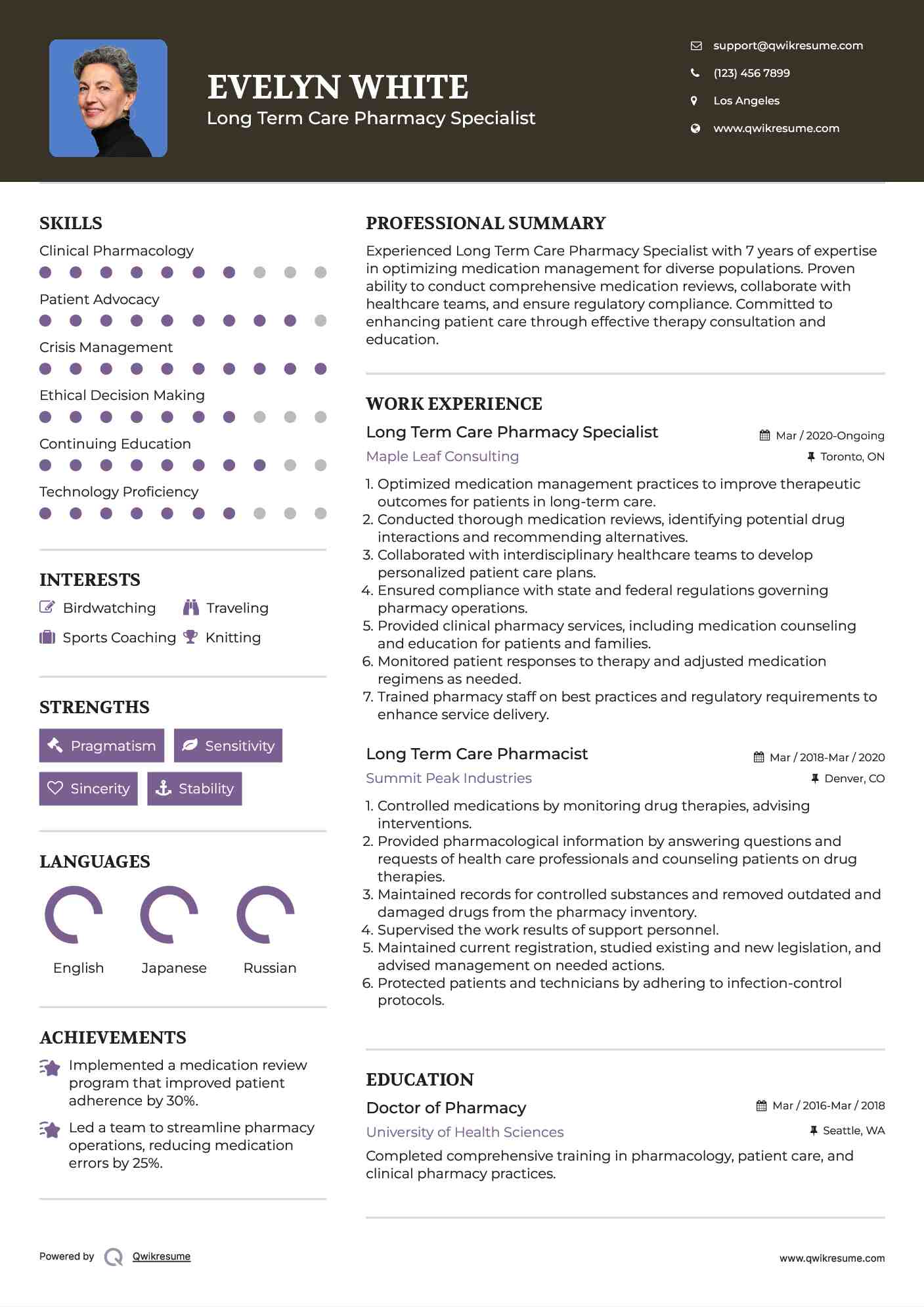 Long Term Care Pharmacy Specialist Resume Example