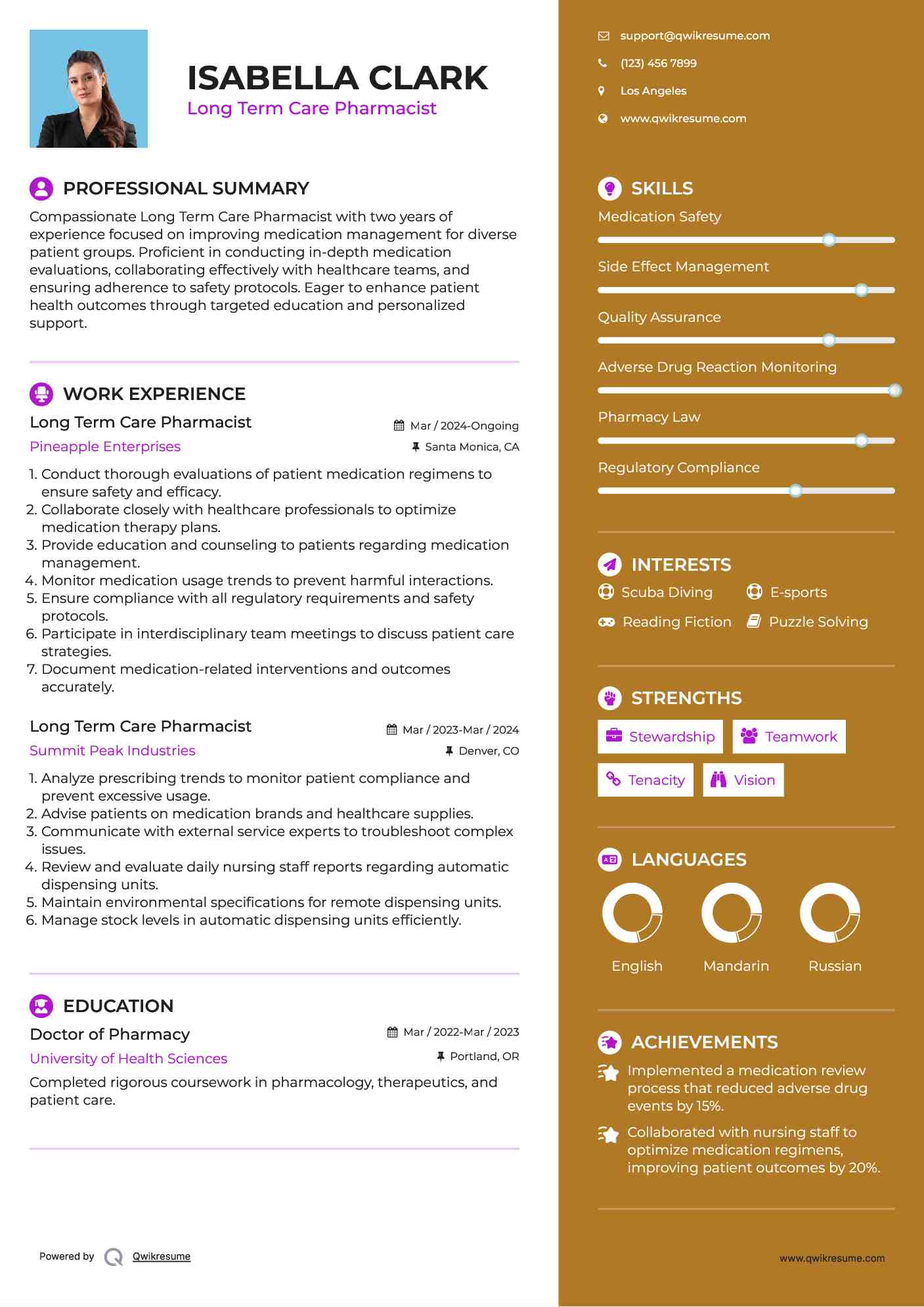 Long Term Care Pharmacist Resume Model