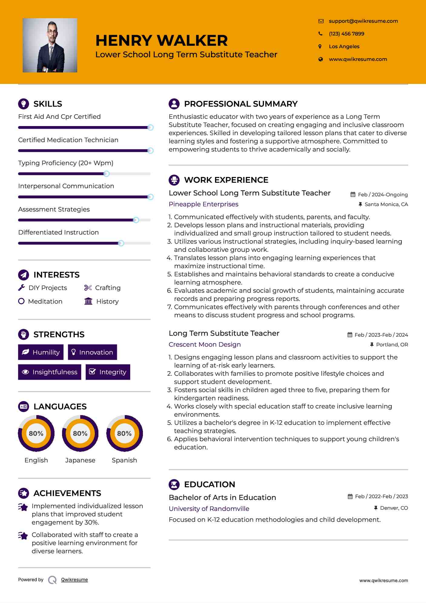 Lower School Long Term Substitute Teacher  Resume Example
