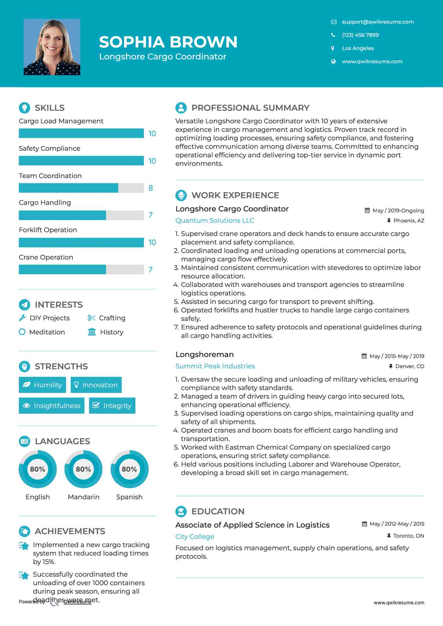 Longshore Cargo Coordinator Resume Sample