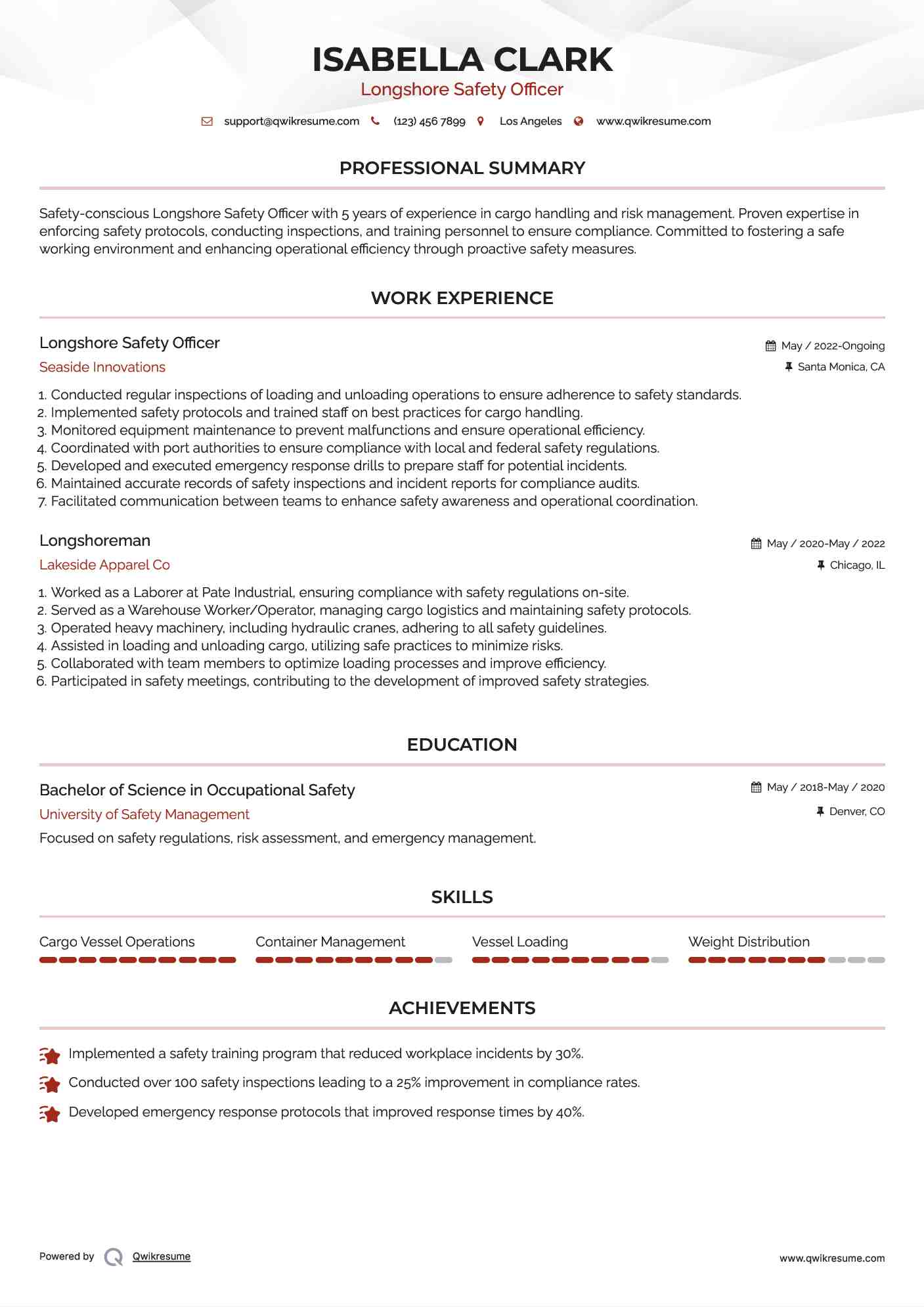 Longshore Safety Officer Resume Sample
