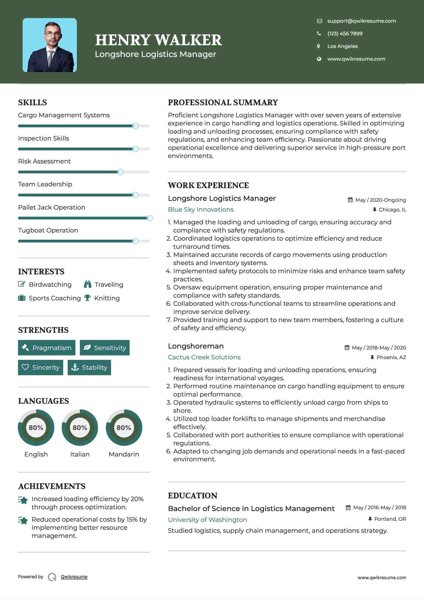 Longshore Logistics Manager Resume Example