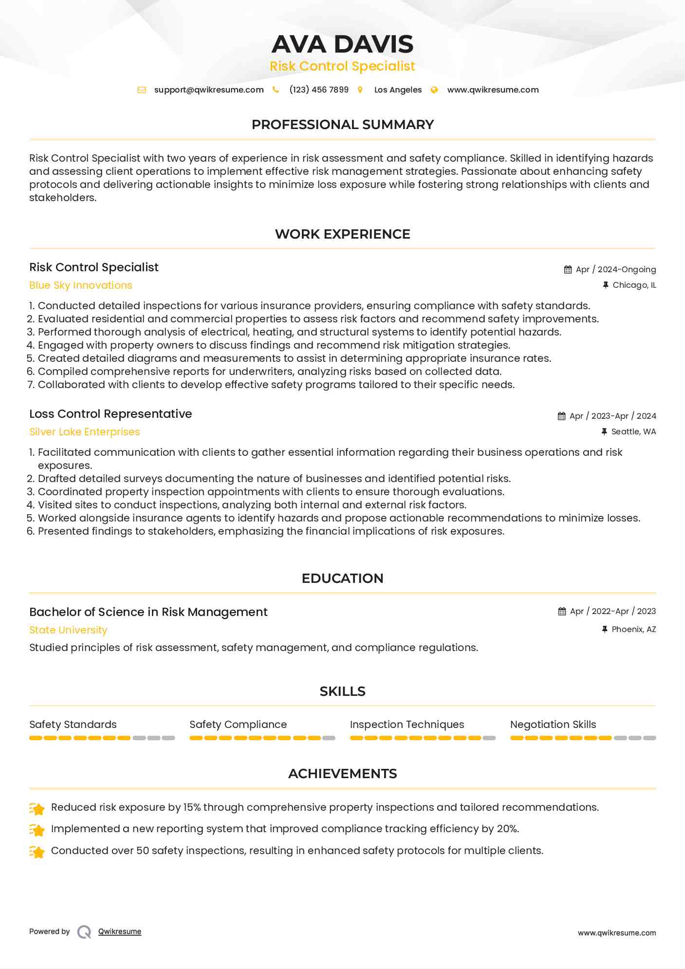 Risk Control Specialist Resume Format